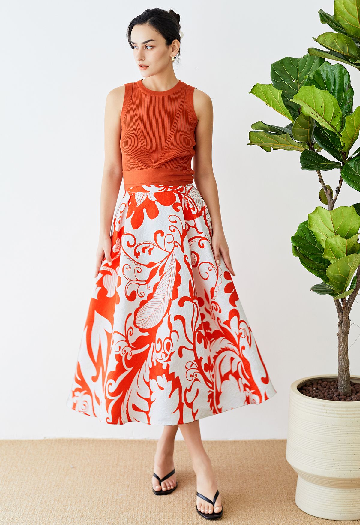 Orange Branch Jacquard Midi Skirt