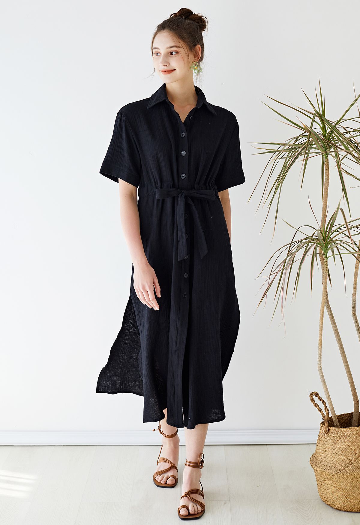 Sunshine Fun Time Button Front Shirt Dress in Black