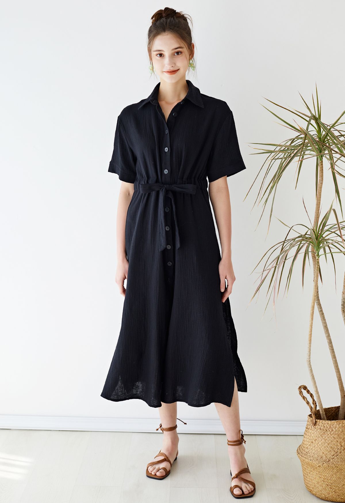 Sunshine Fun Time Button Front Shirt Dress in Black