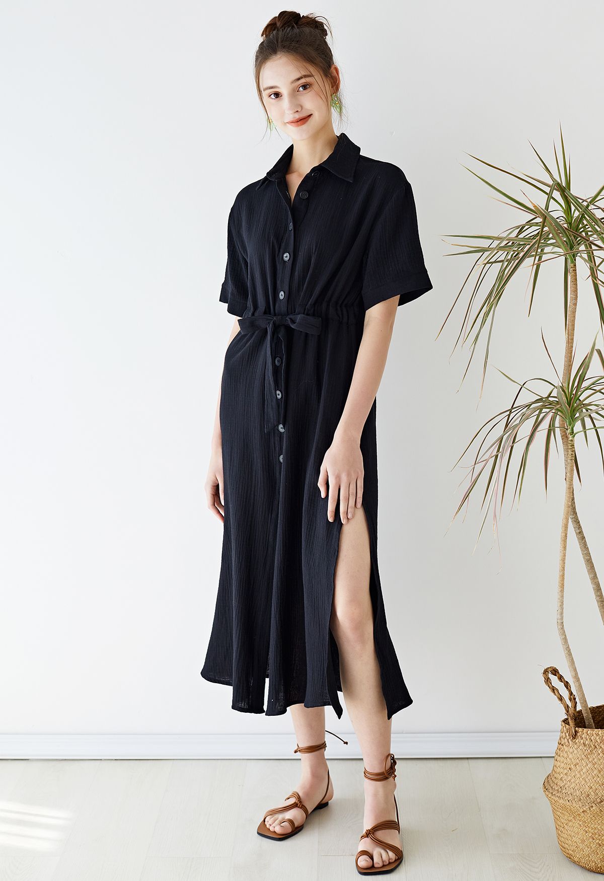 Sunshine Fun Time Button Front Shirt Dress in Black