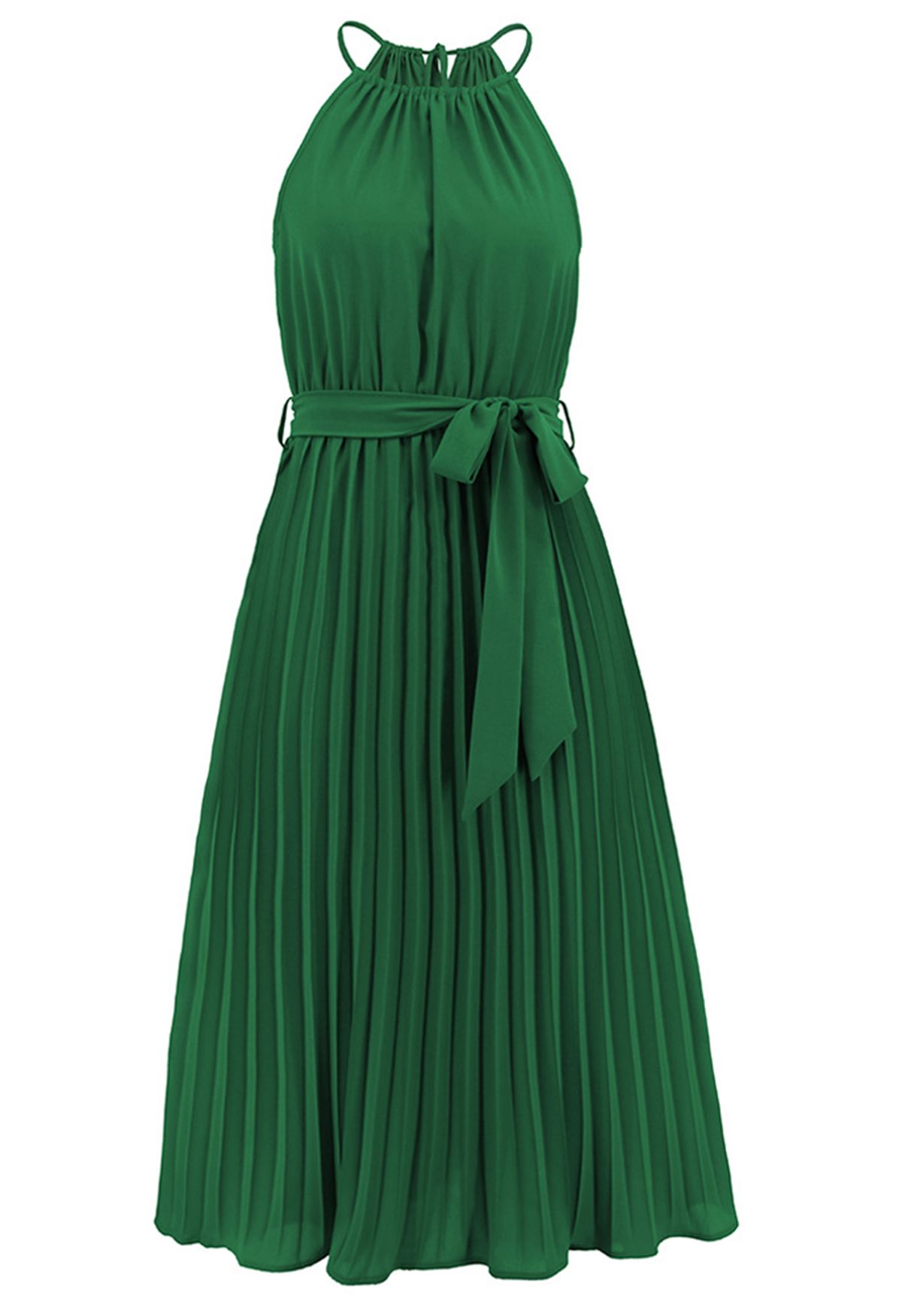 Halter Neck Tie Waist Pleated Dress in Green - Retro, Indie and Unique ...