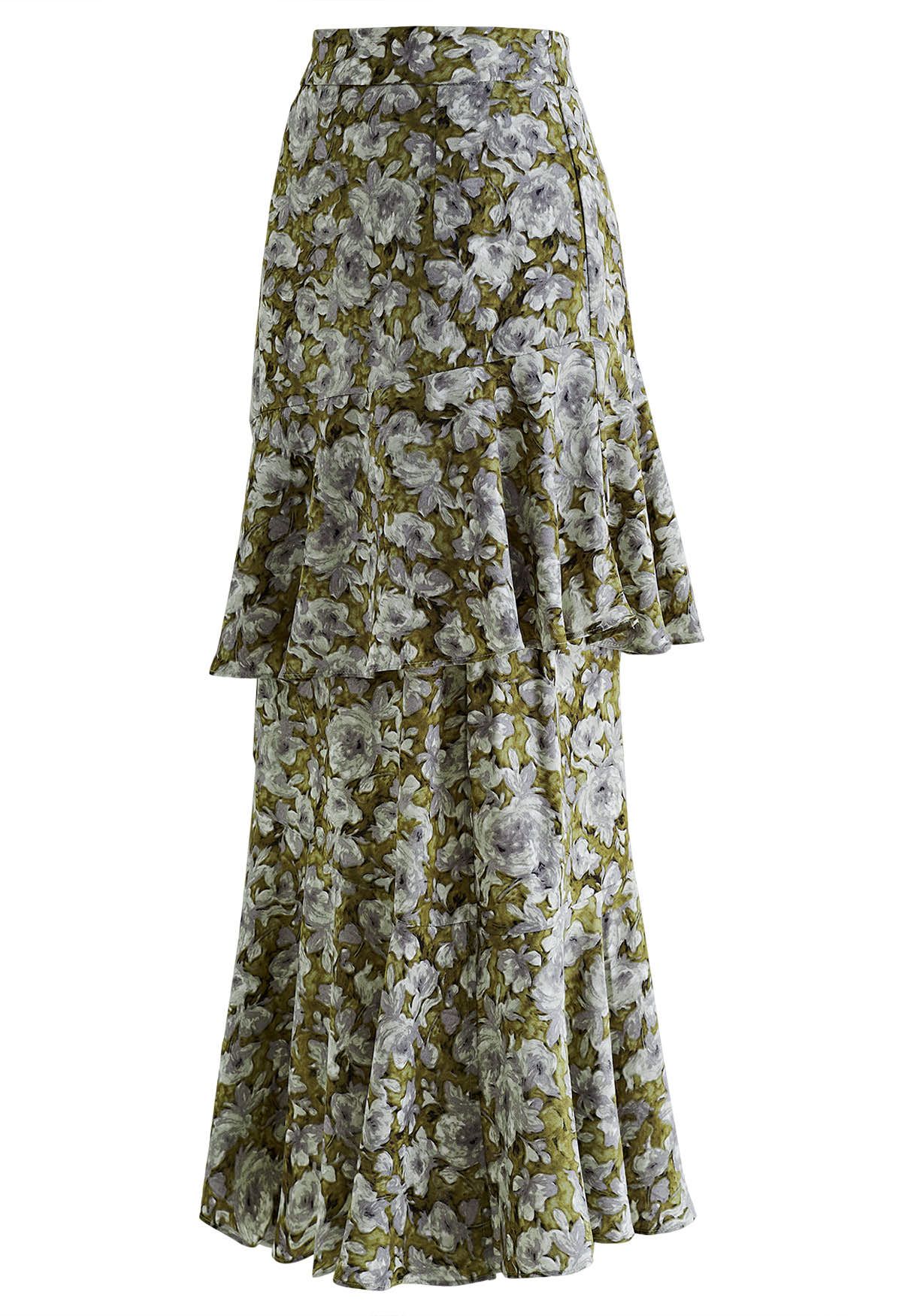 Floral Oil Painting Ruffle Maxi Skirt in Green