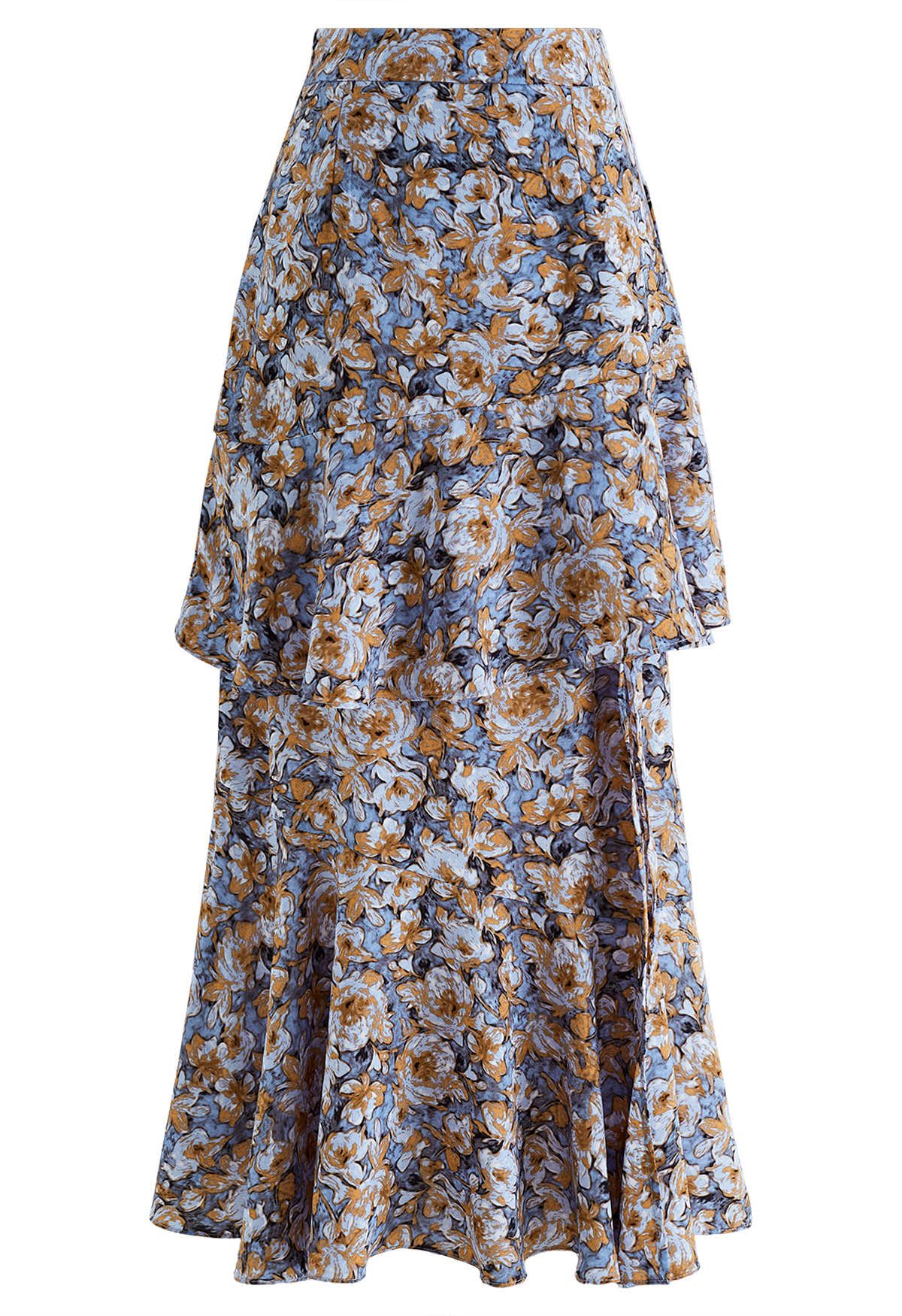 Floral Oil Painting Ruffle Maxi Skirt in Blue - Retro, Indie and Unique ...