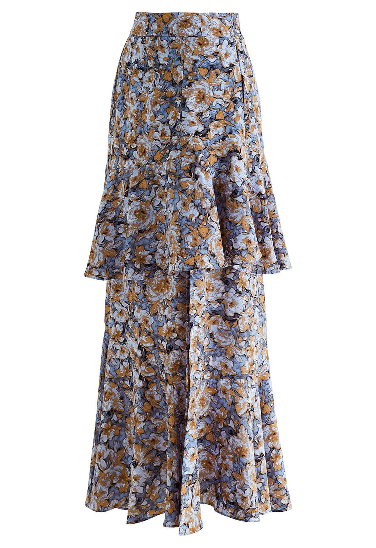 Floral Oil Painting Ruffle Maxi Skirt in Blue