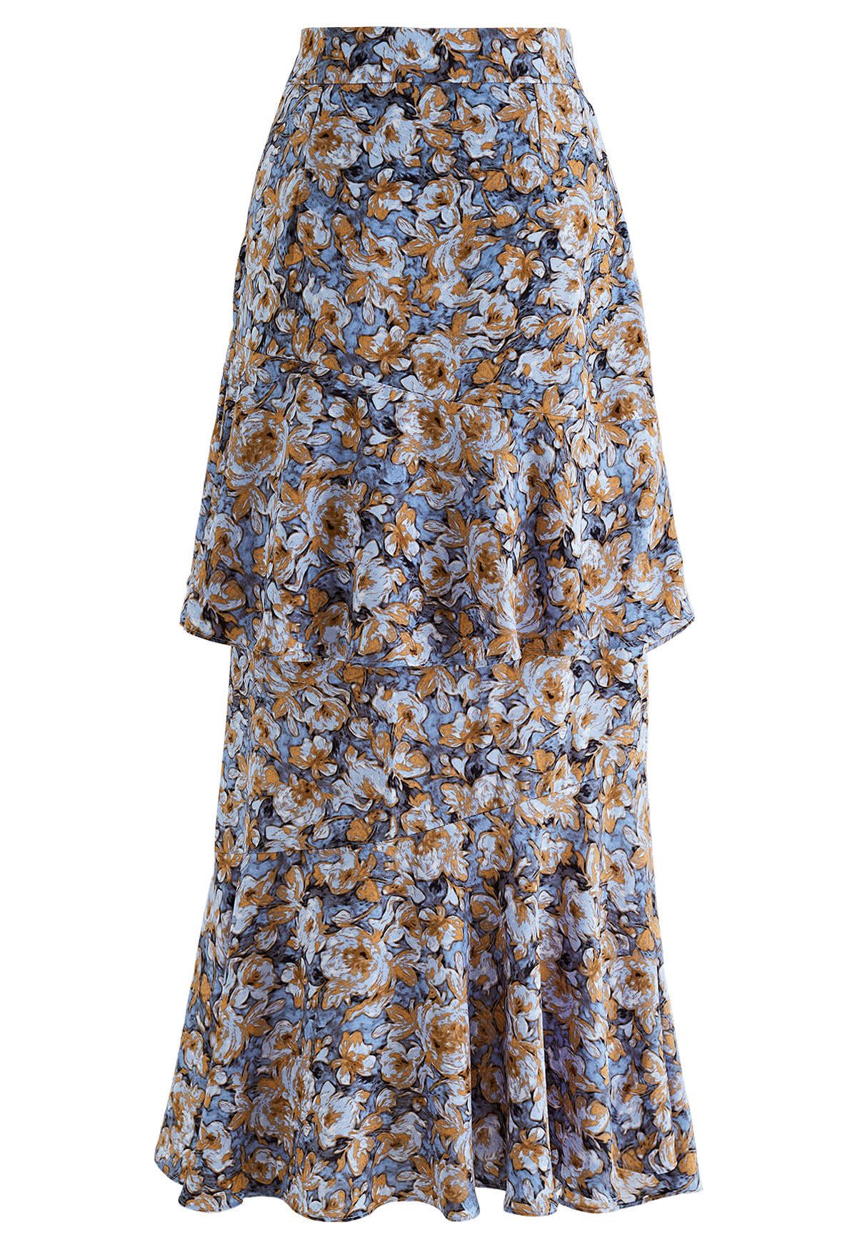 Floral Oil Painting Ruffle Maxi Skirt in Blue