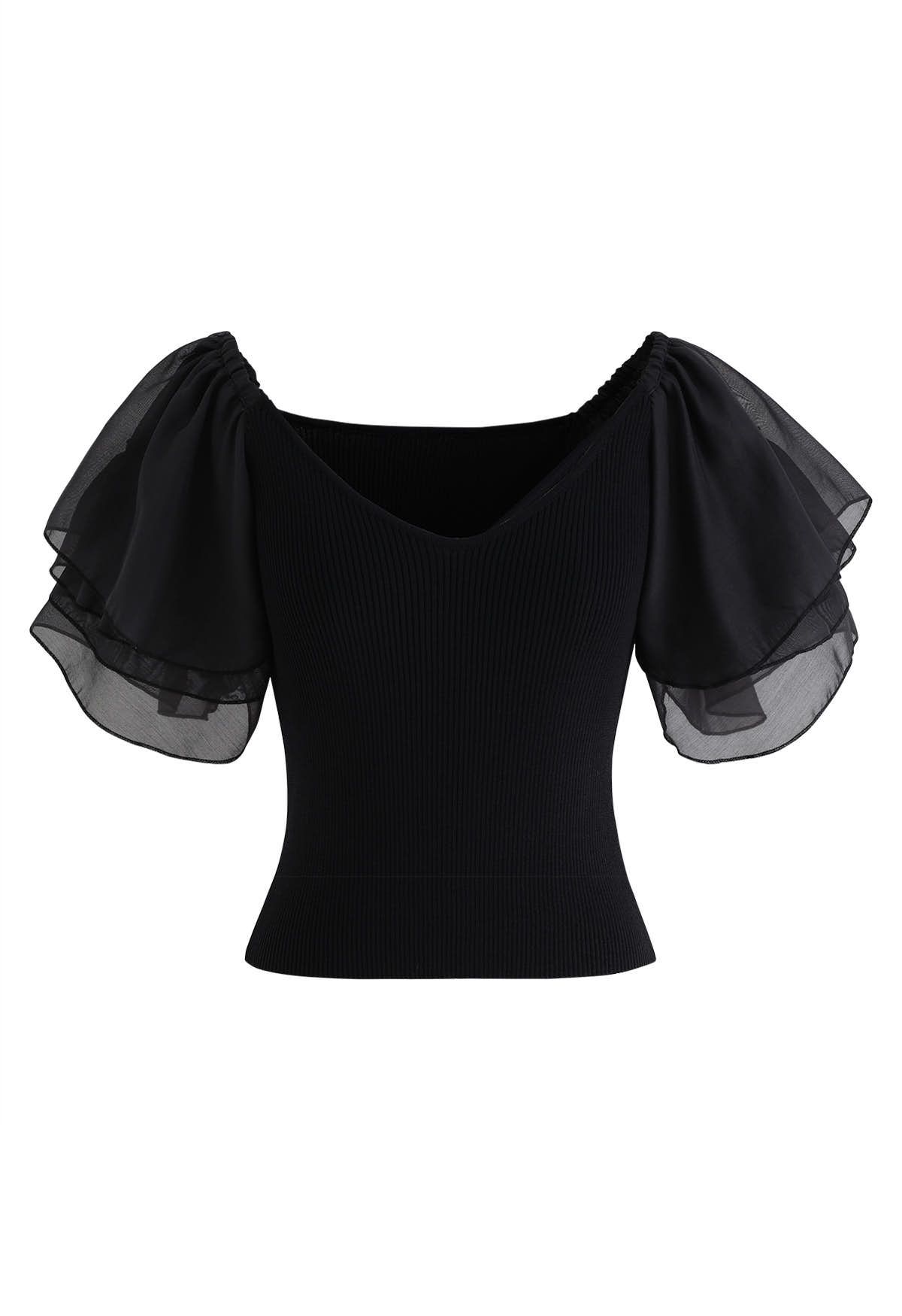 Spliced Tiered Flutter Sleeve Knit Crop Top in Black - Retro, Indie and ...