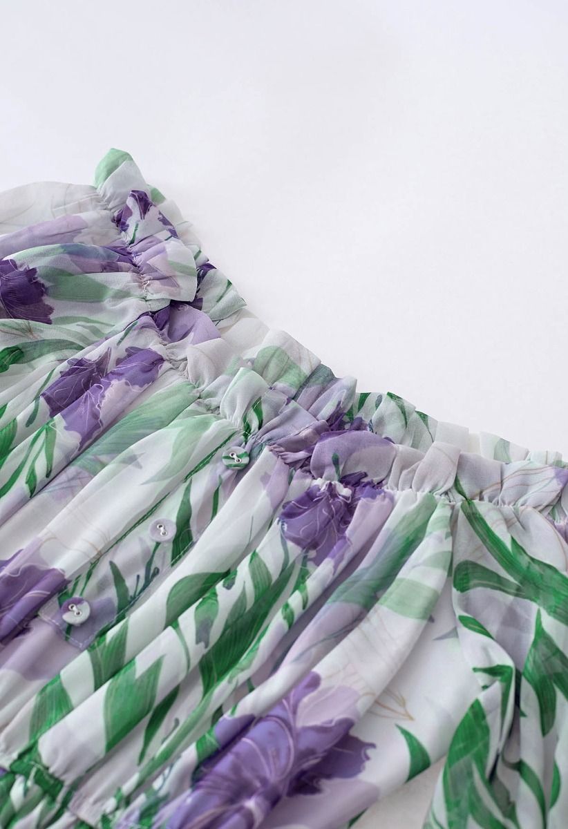 Leafy Garden Off-Shoulder Chiffon Dress