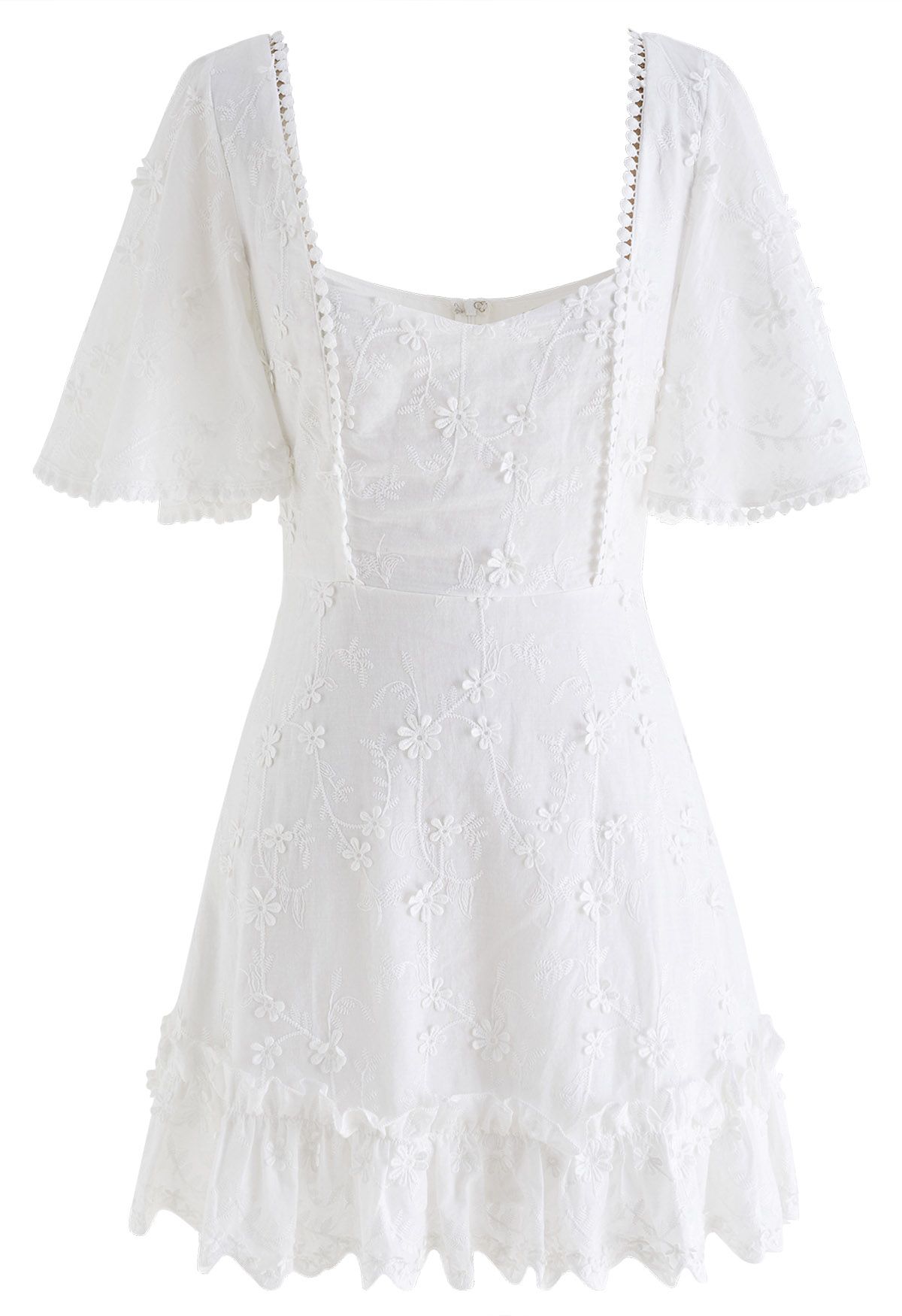 Short Bell Sleeve Floret Embroidered Mini Dress