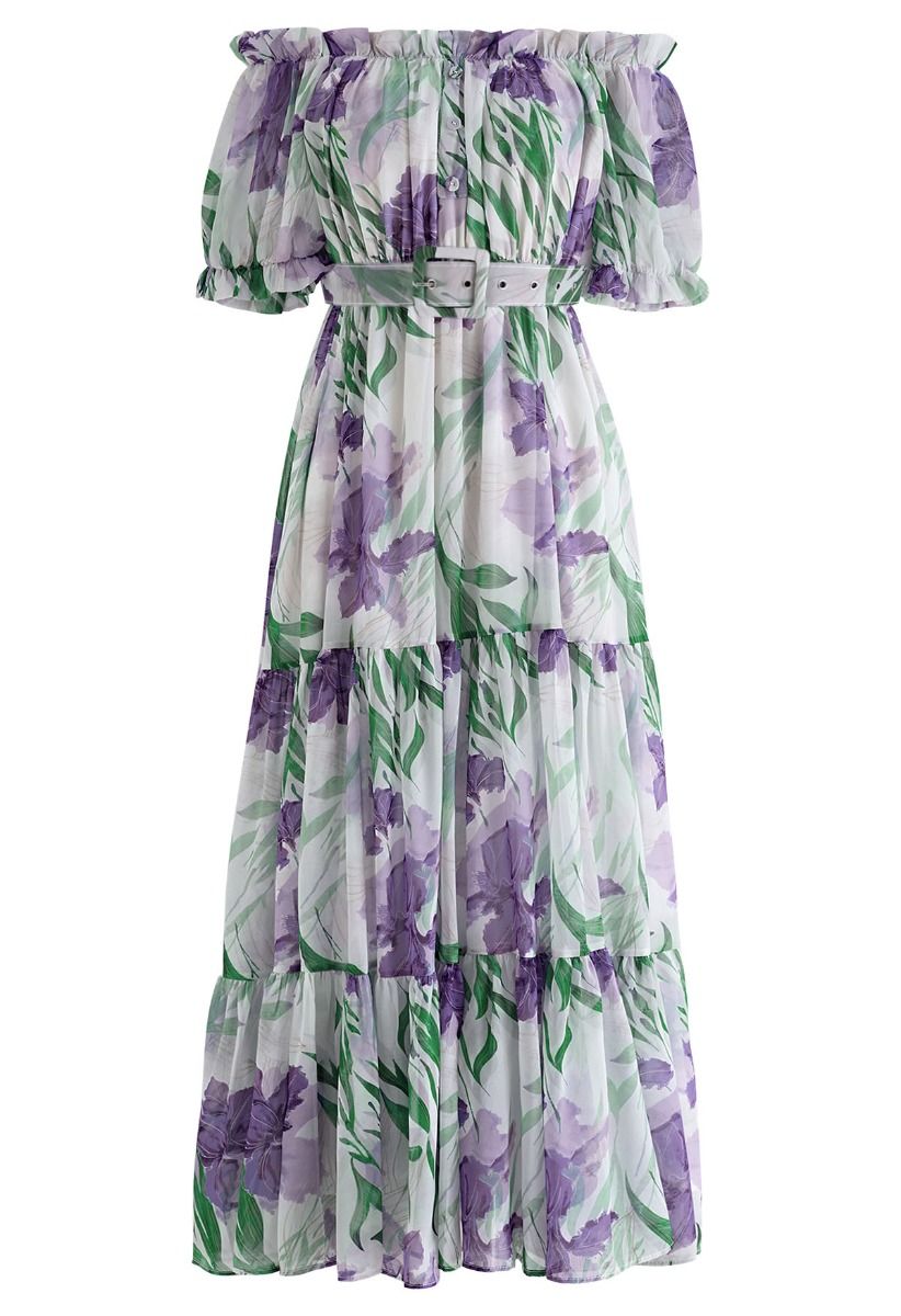 Leafy Garden Off-Shoulder Chiffon Dress - Retro, Indie and Unique Fashion