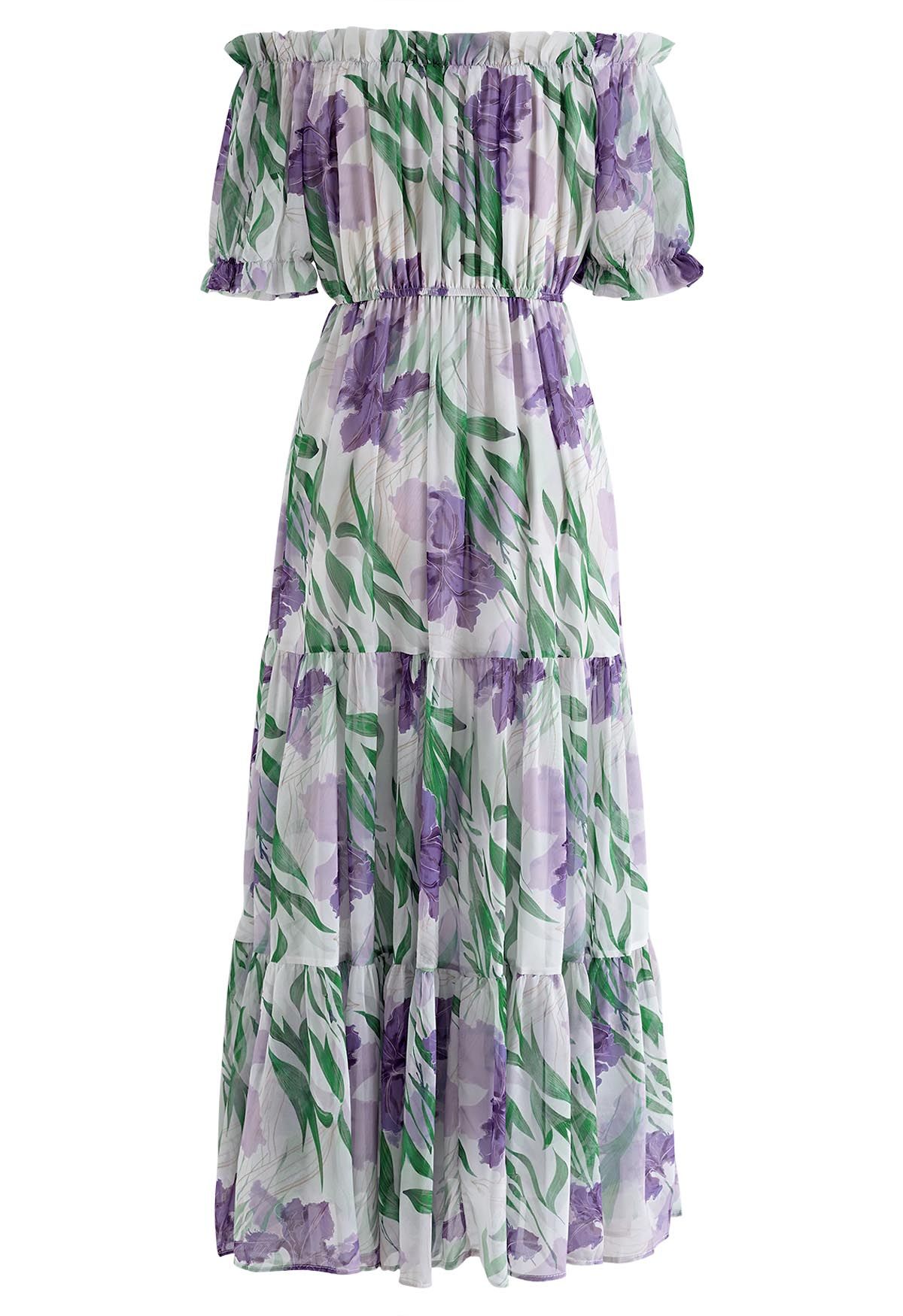 Leafy Garden Off-Shoulder Chiffon Dress