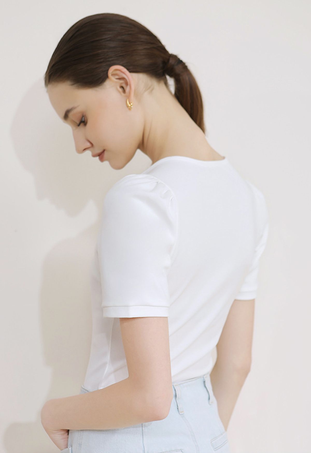 Square Neckline Puff Shoulder T-Shirt in White