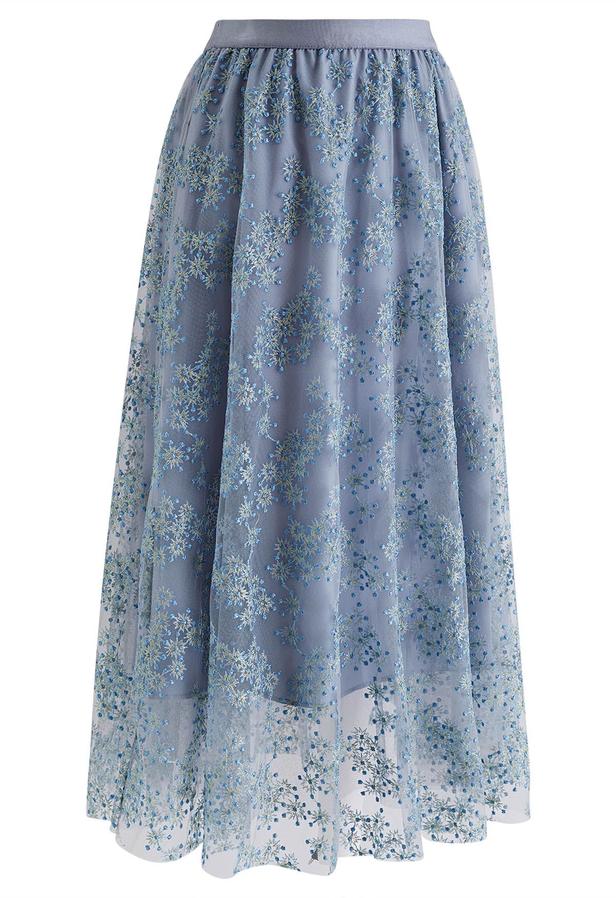 Metallic Embroidered Floret Mesh Midi Skirt in Dusty Blue - Retro ...