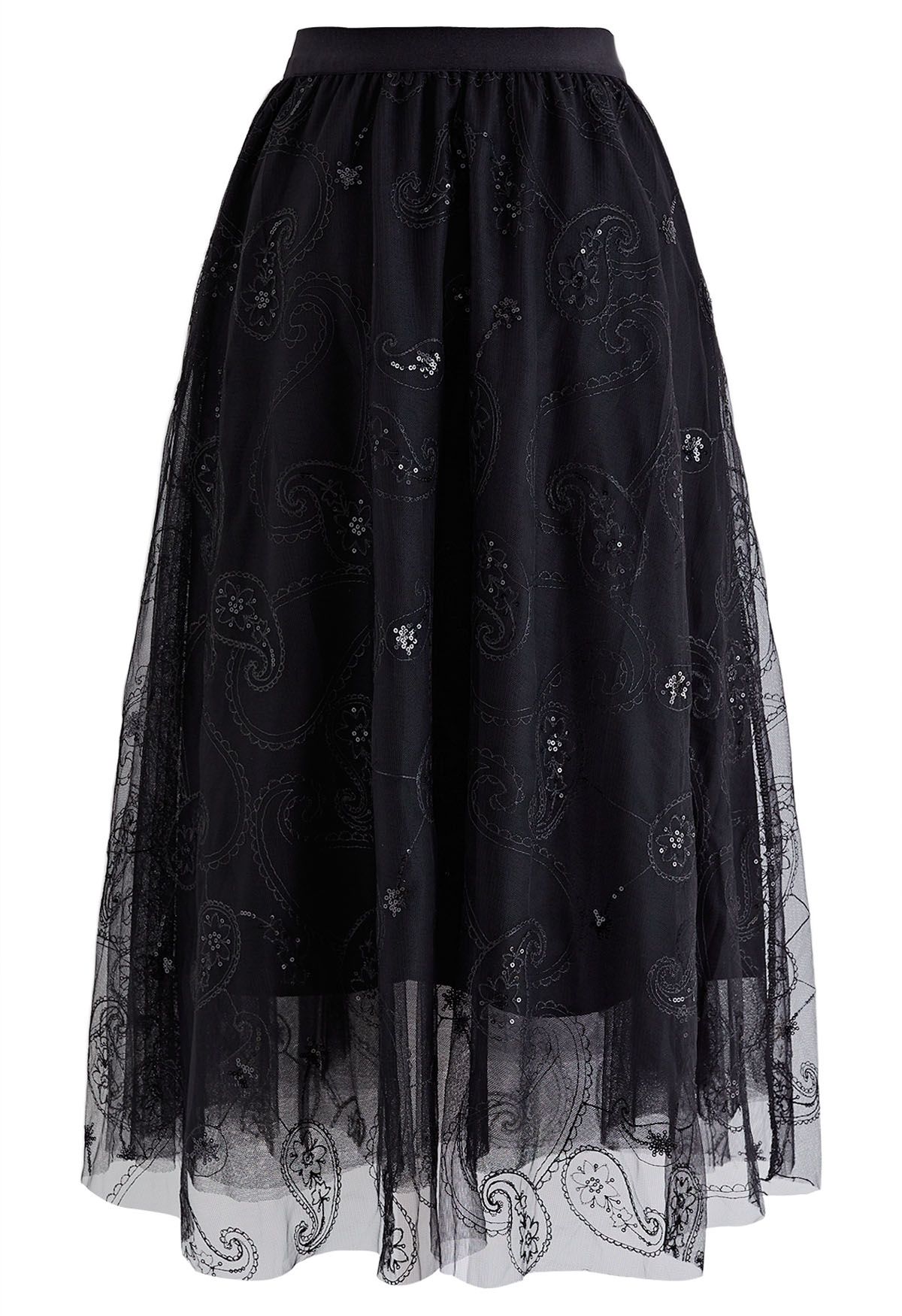 Sequined Embroidered Paisley Mesh Midi Skirt in Black - Retro, Indie ...