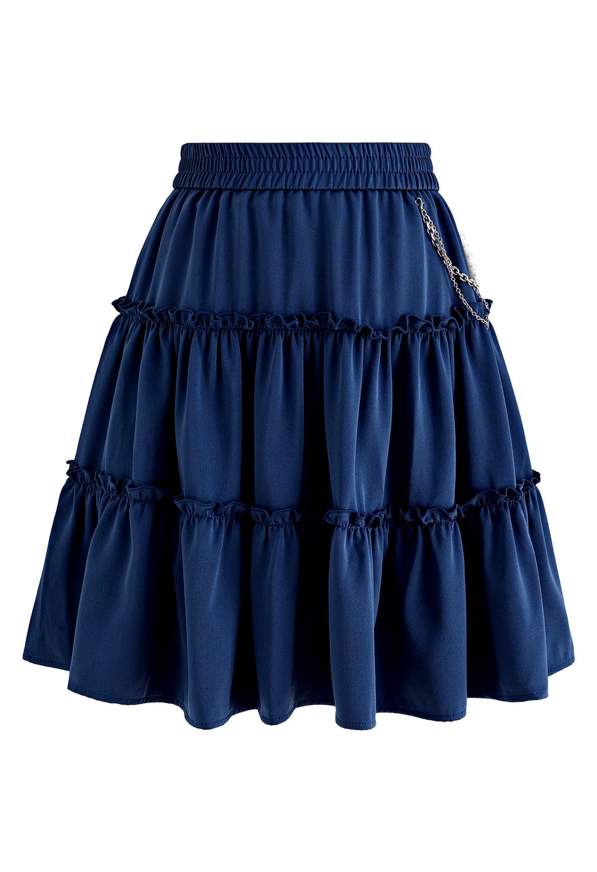 Pearl Chain Ruffle Detail Frilling Skirt in Indigo