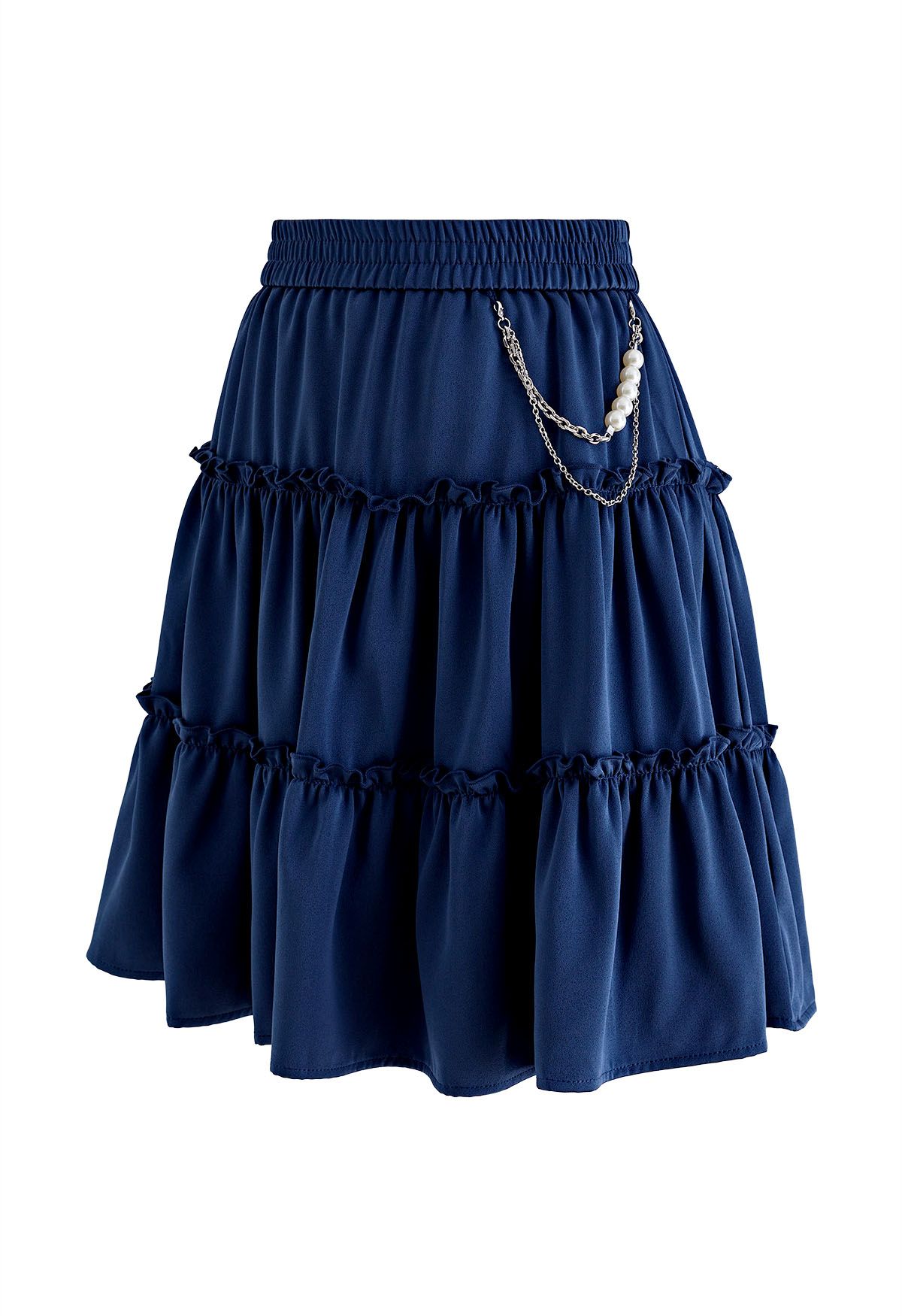 Pearl Chain Ruffle Detail Frilling Skirt in Indigo