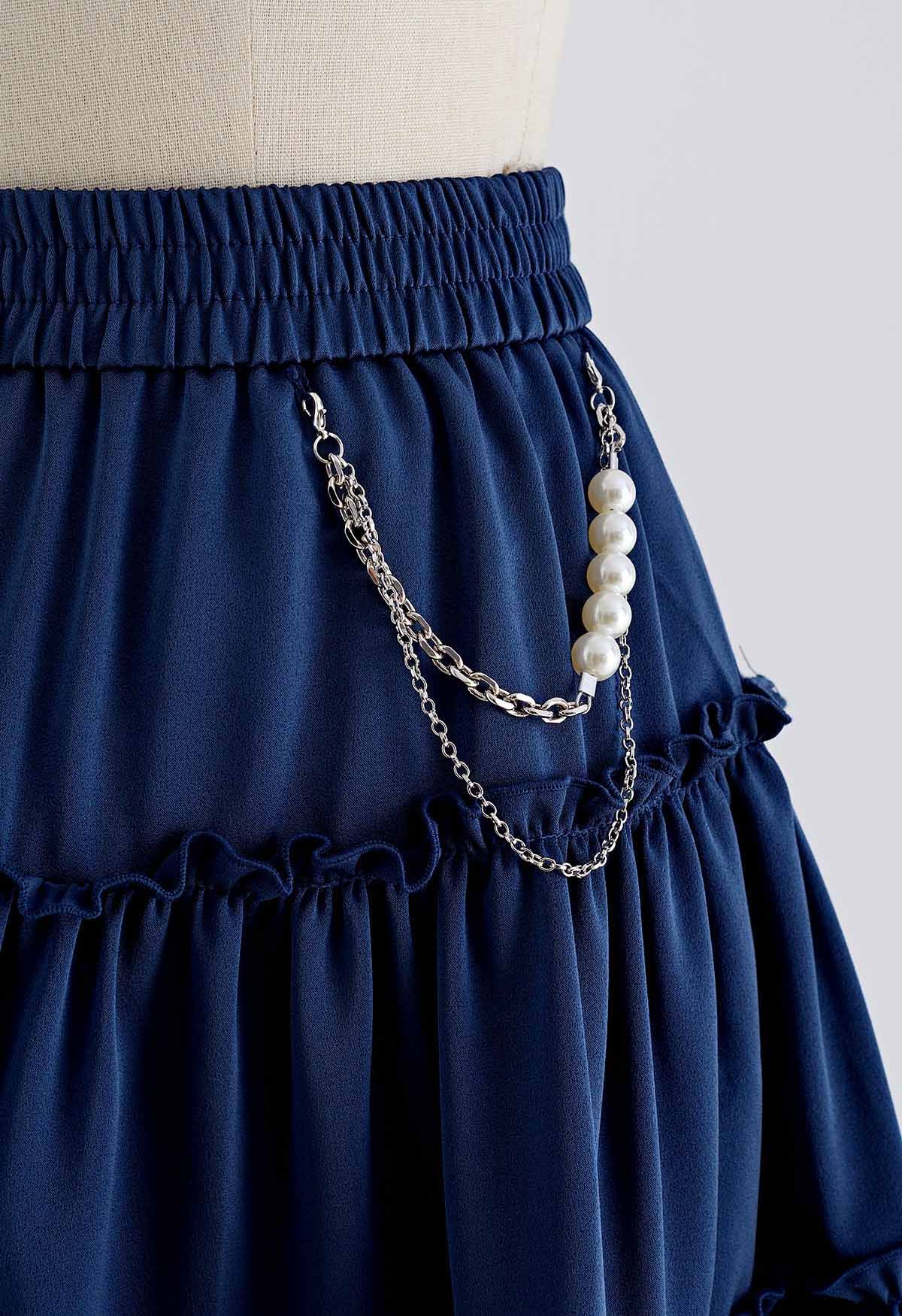 Pearl Chain Ruffle Detail Frilling Skirt in Indigo