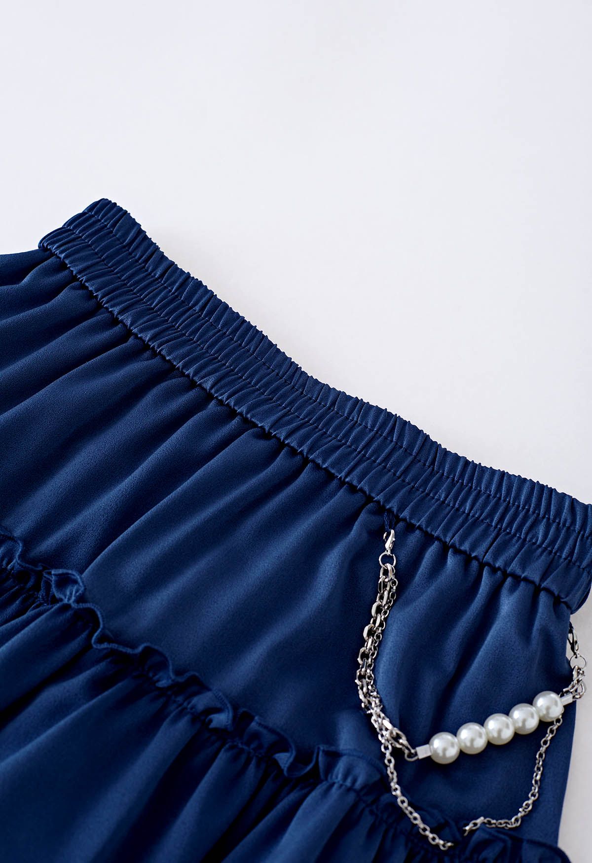 Pearl Chain Ruffle Detail Frilling Skirt in Indigo