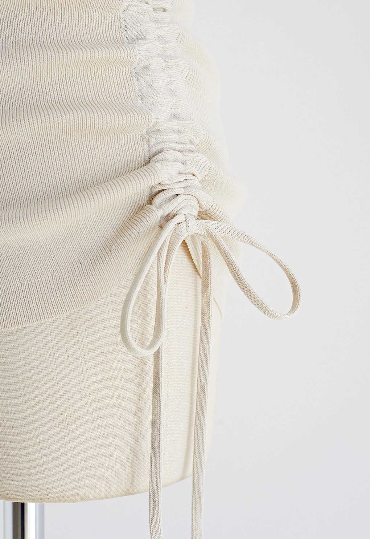 One-Shoulder Side Drawstring Knit Top in Sand