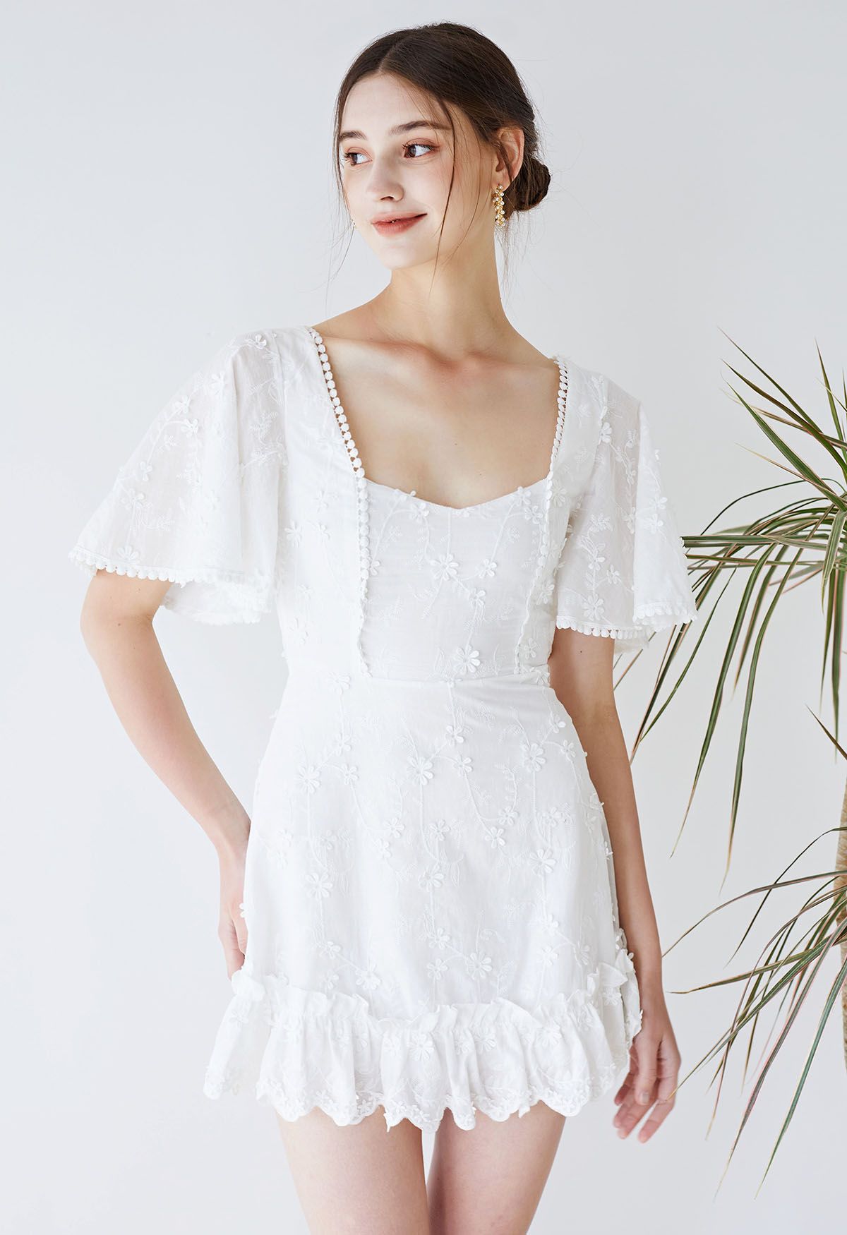 Short Bell Sleeve Floret Embroidered Mini Dress