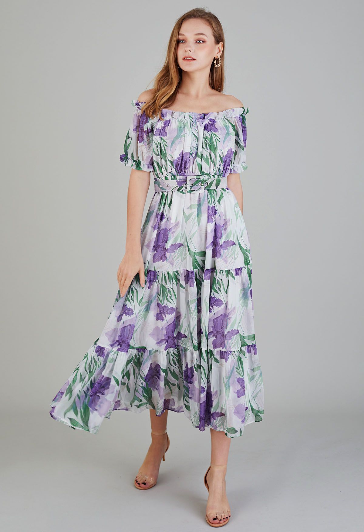 Leafy Garden Off-Shoulder Chiffon Dress