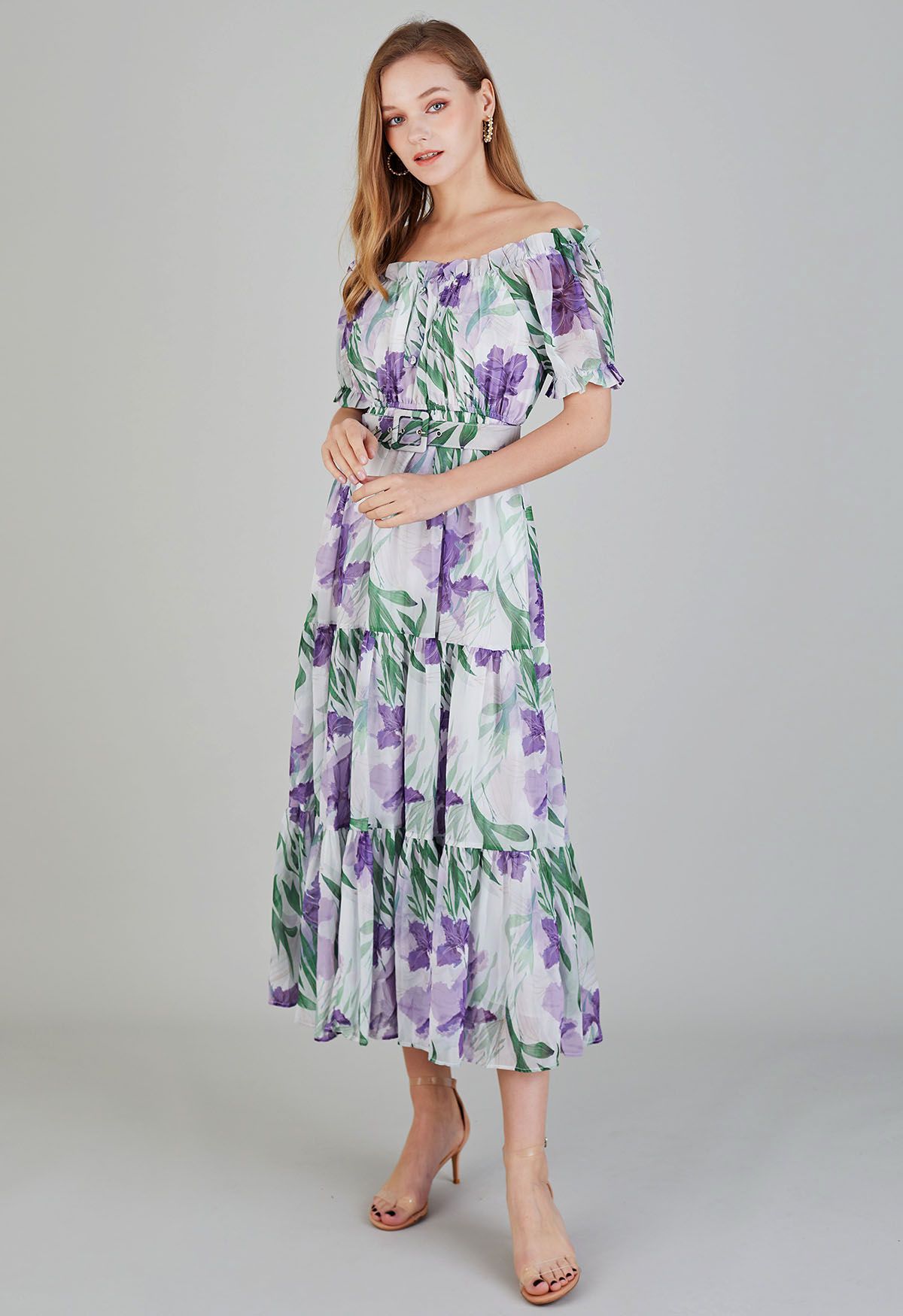 Leafy Garden Off-Shoulder Chiffon Dress