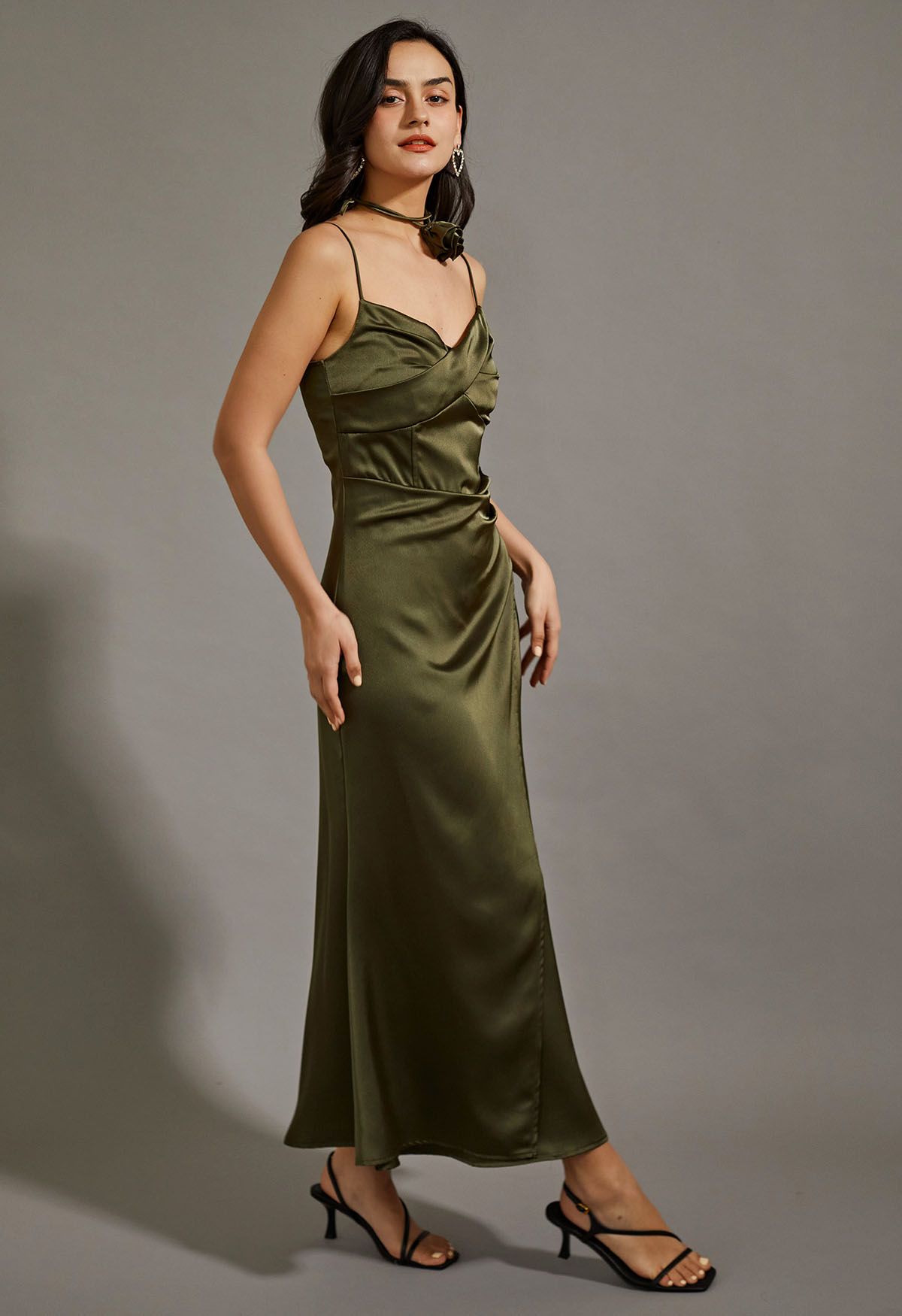 Floral Choker Satin Cami Maxi Dress in Olive - Retro, Indie and Unique  Fashion