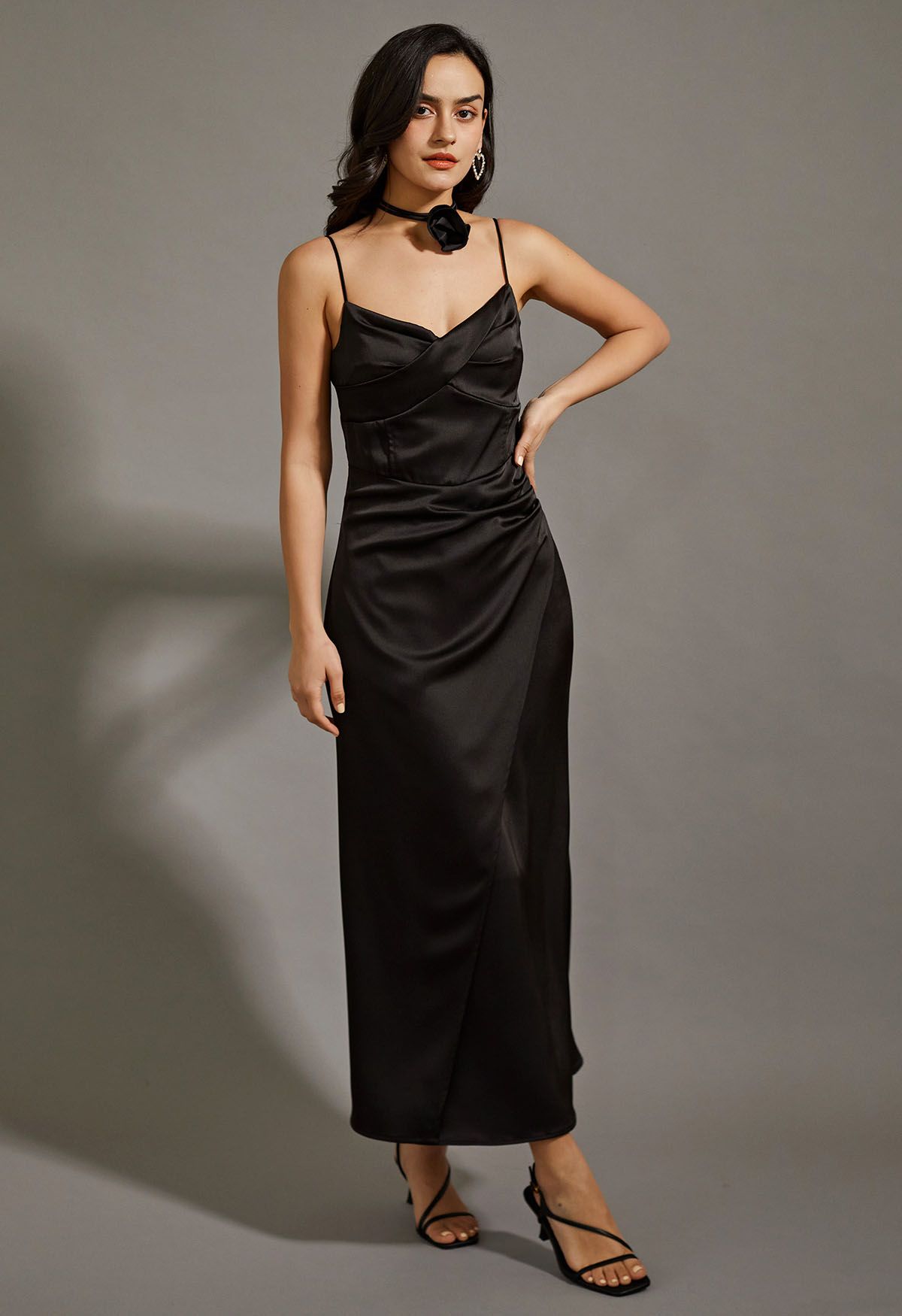 Floral Choker Satin Cami Maxi Dress in Black - Retro, Indie and