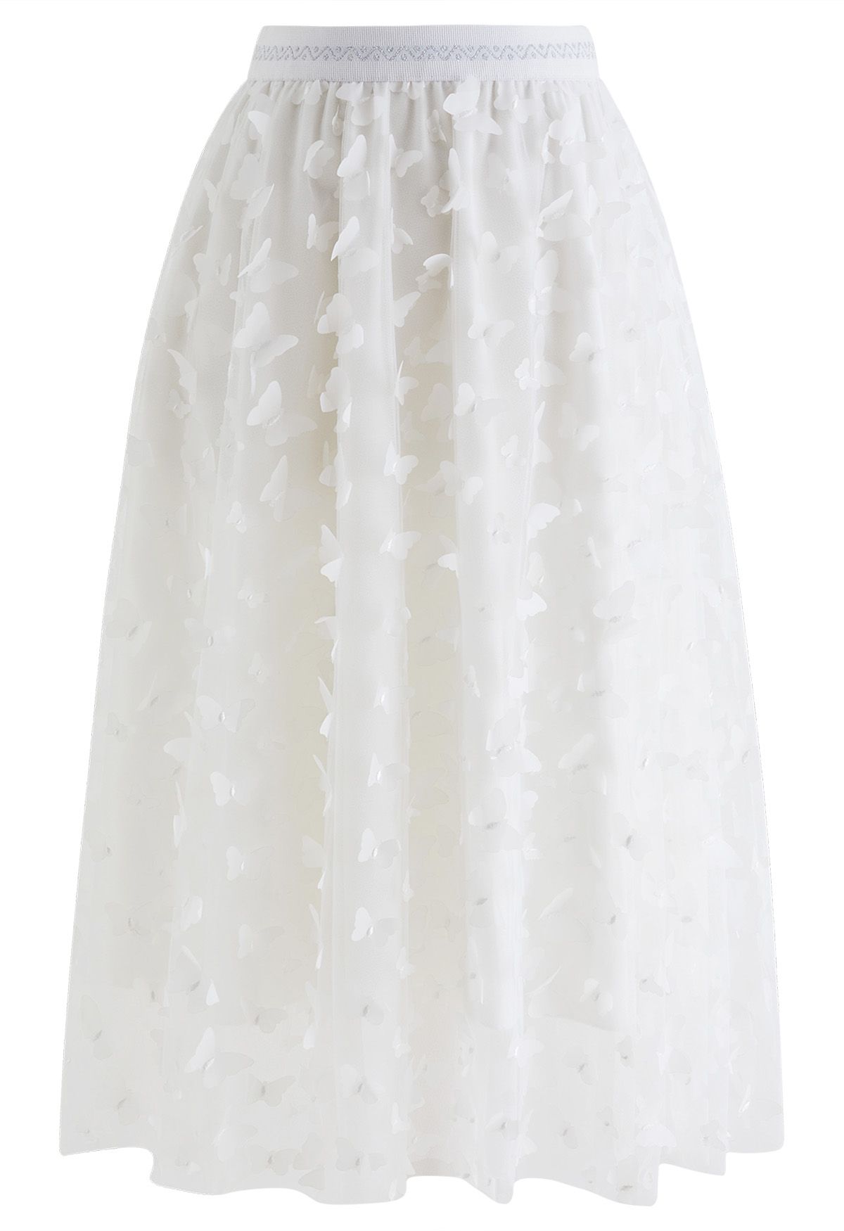 Playful 3D Butterfly Mesh Tulle Midi Skirt in White