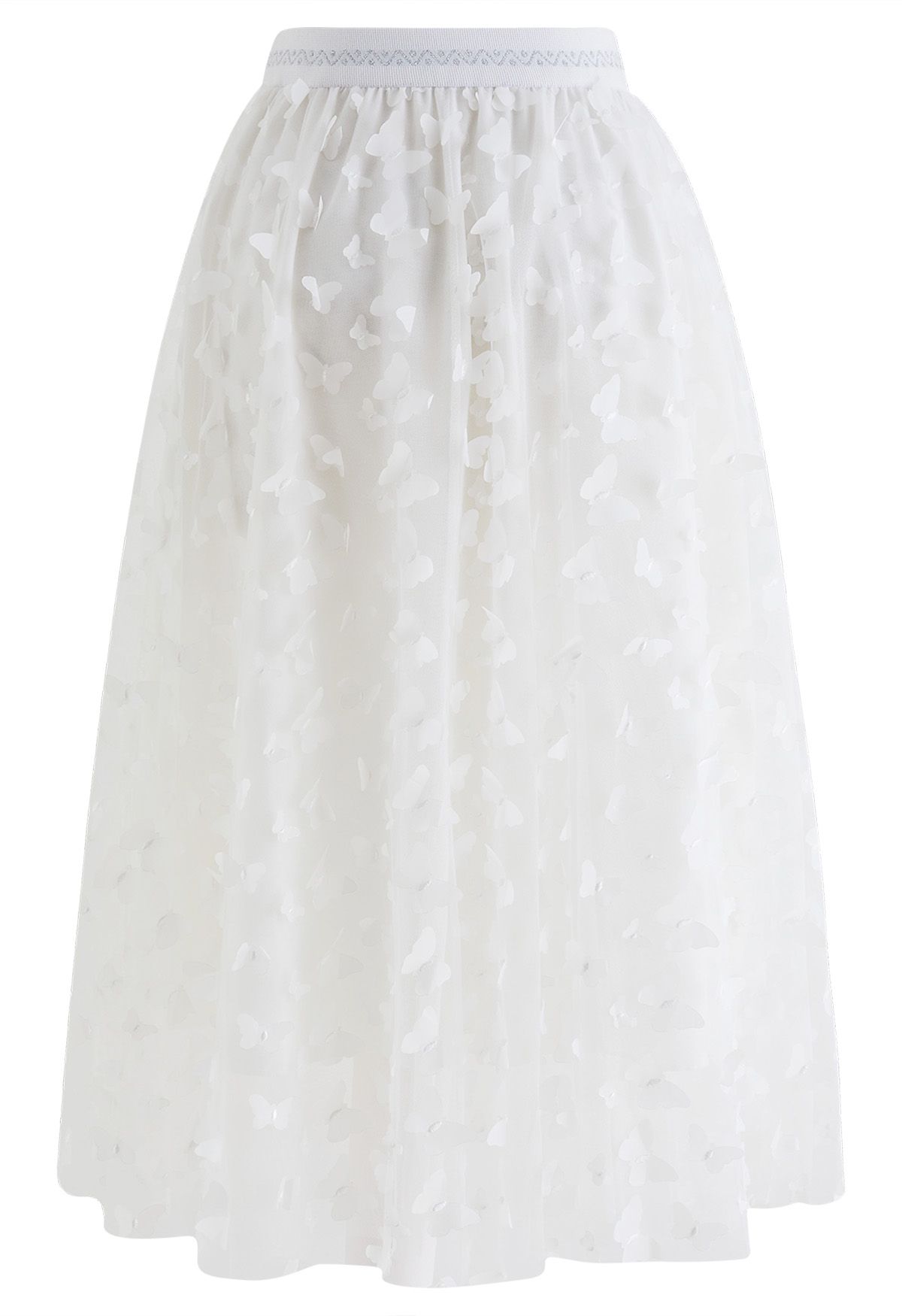 Playful 3D Butterfly Mesh Tulle Midi Skirt in White