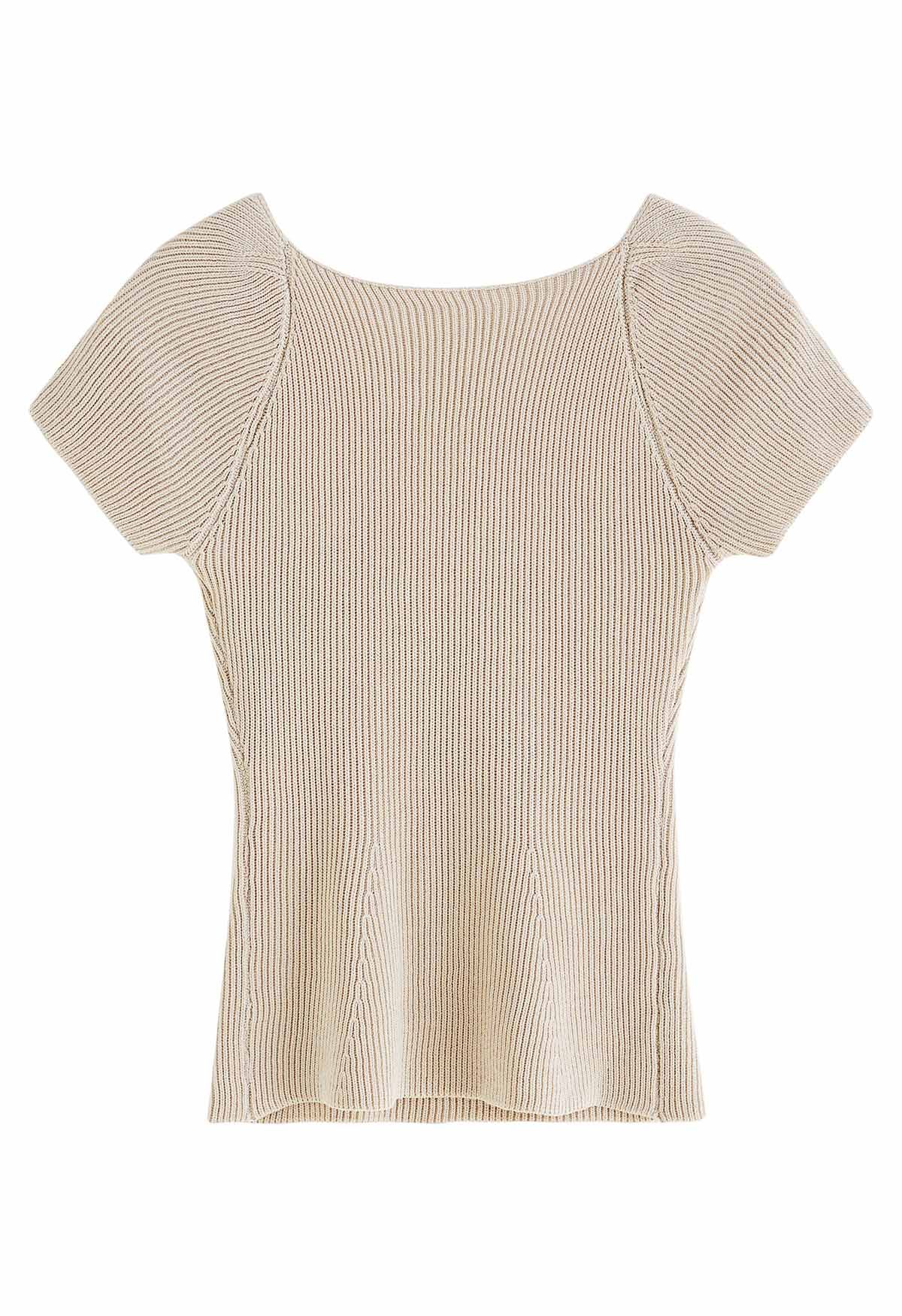 U-Shape Wide Collar Fitted Knit Top in Khaki