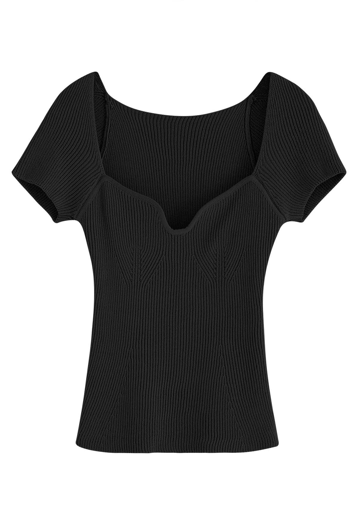 U-Shape Wide Collar Fitted Knit Top in Black - Retro, Indie and Unique ...