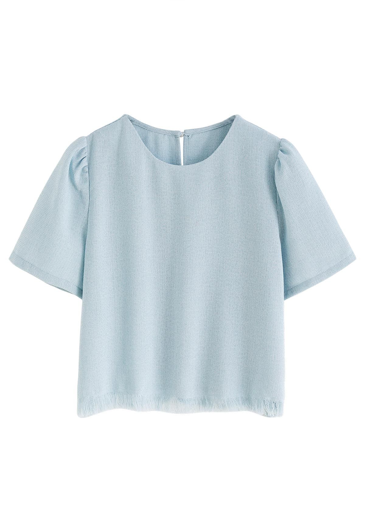 Fringed Hem Short Sleeve Tweed Top in Baby Blue