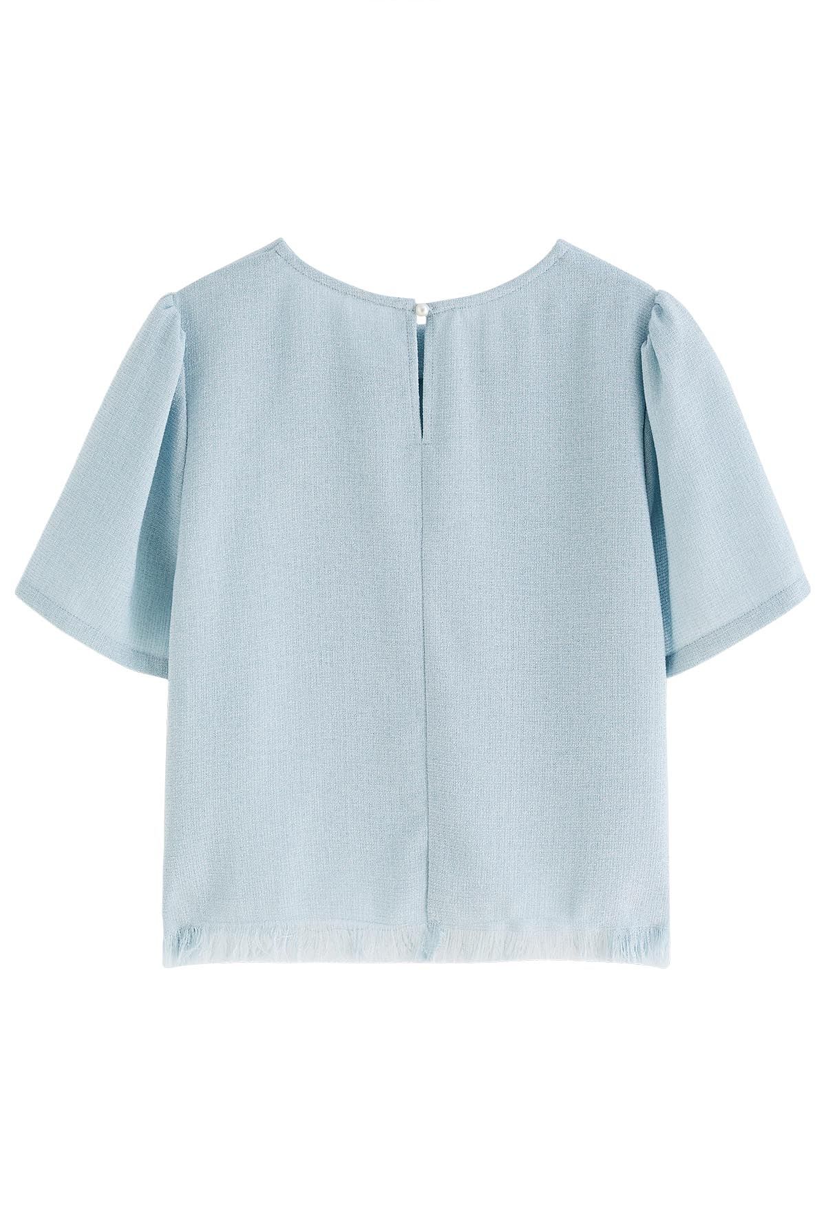 Fringed Hem Short Sleeve Tweed Top in Baby Blue