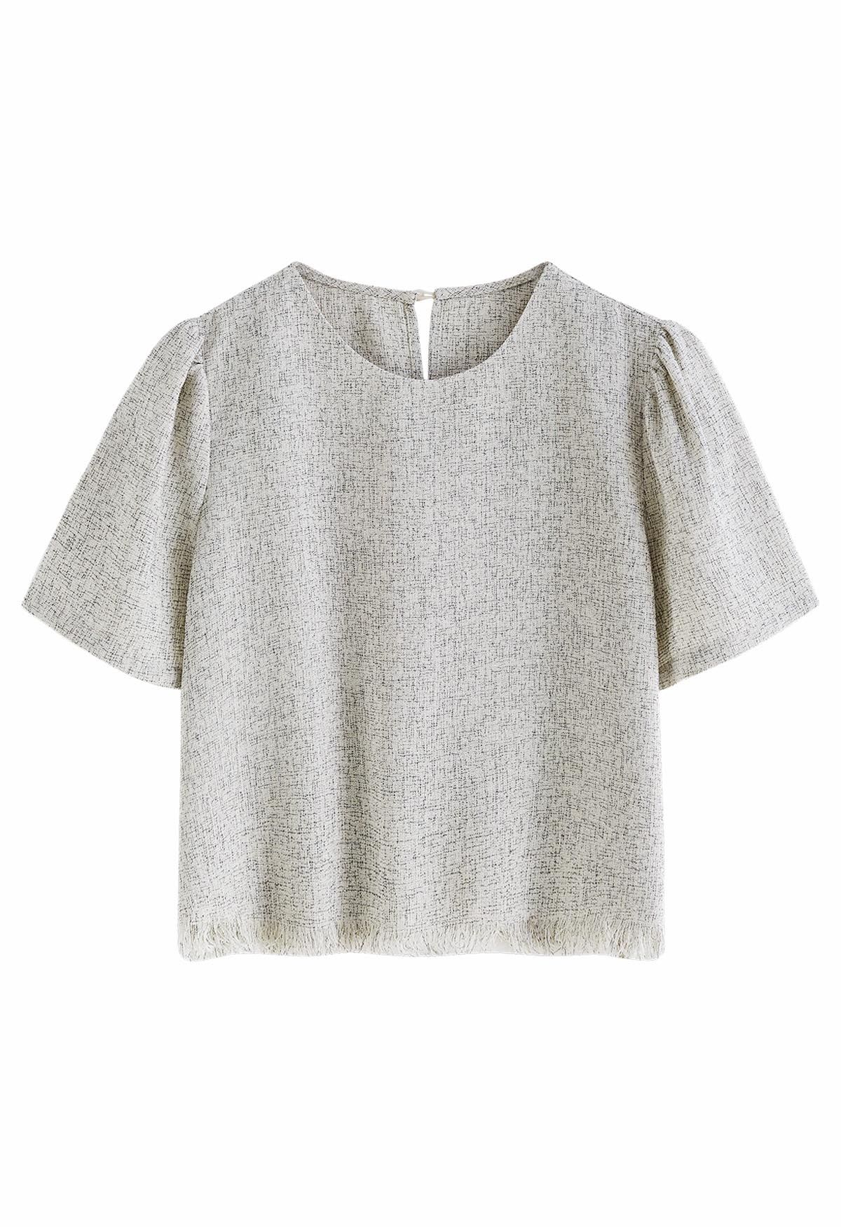 Fringed Hem Short Sleeve Tweed Top in Grey