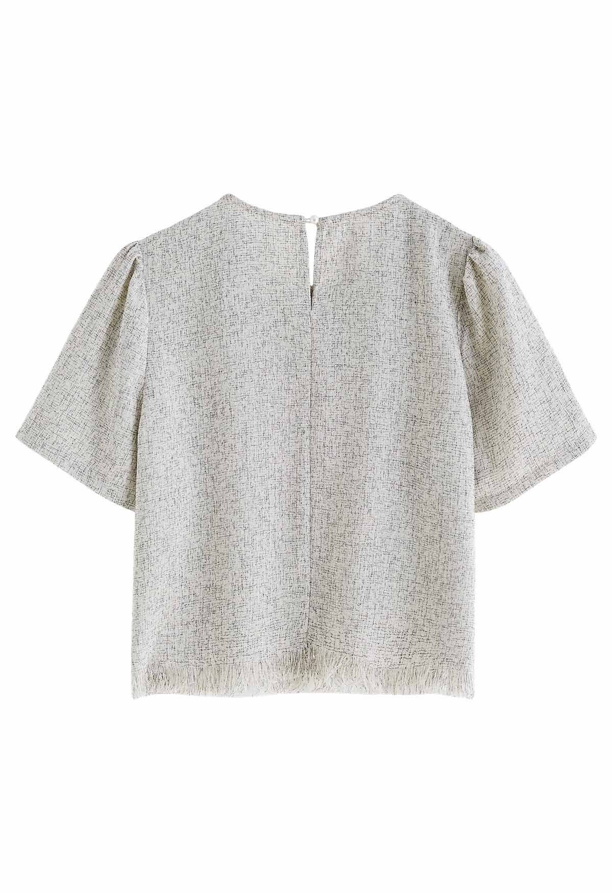 Fringed Hem Short Sleeve Tweed Top in Grey