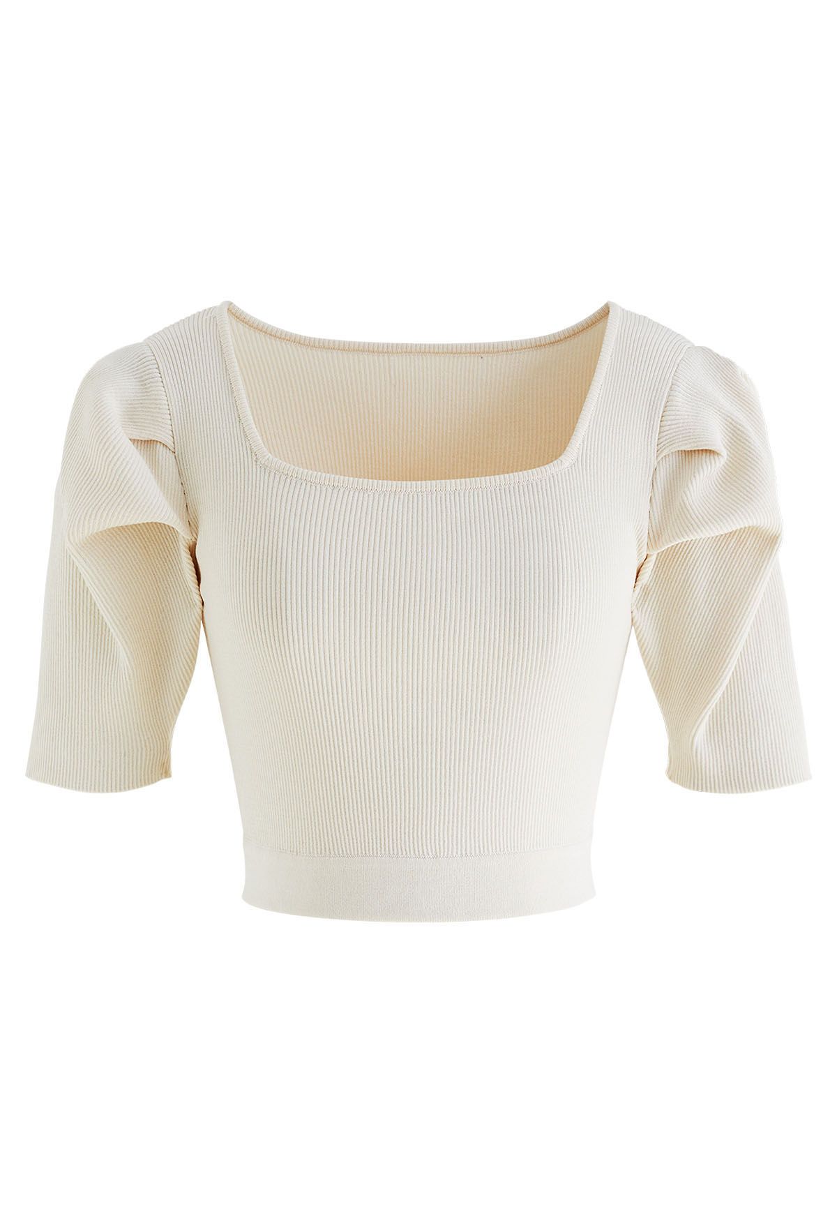 Square Neck Puff Shoulder Knit Crop Top in Cream - Retro, Indie and ...