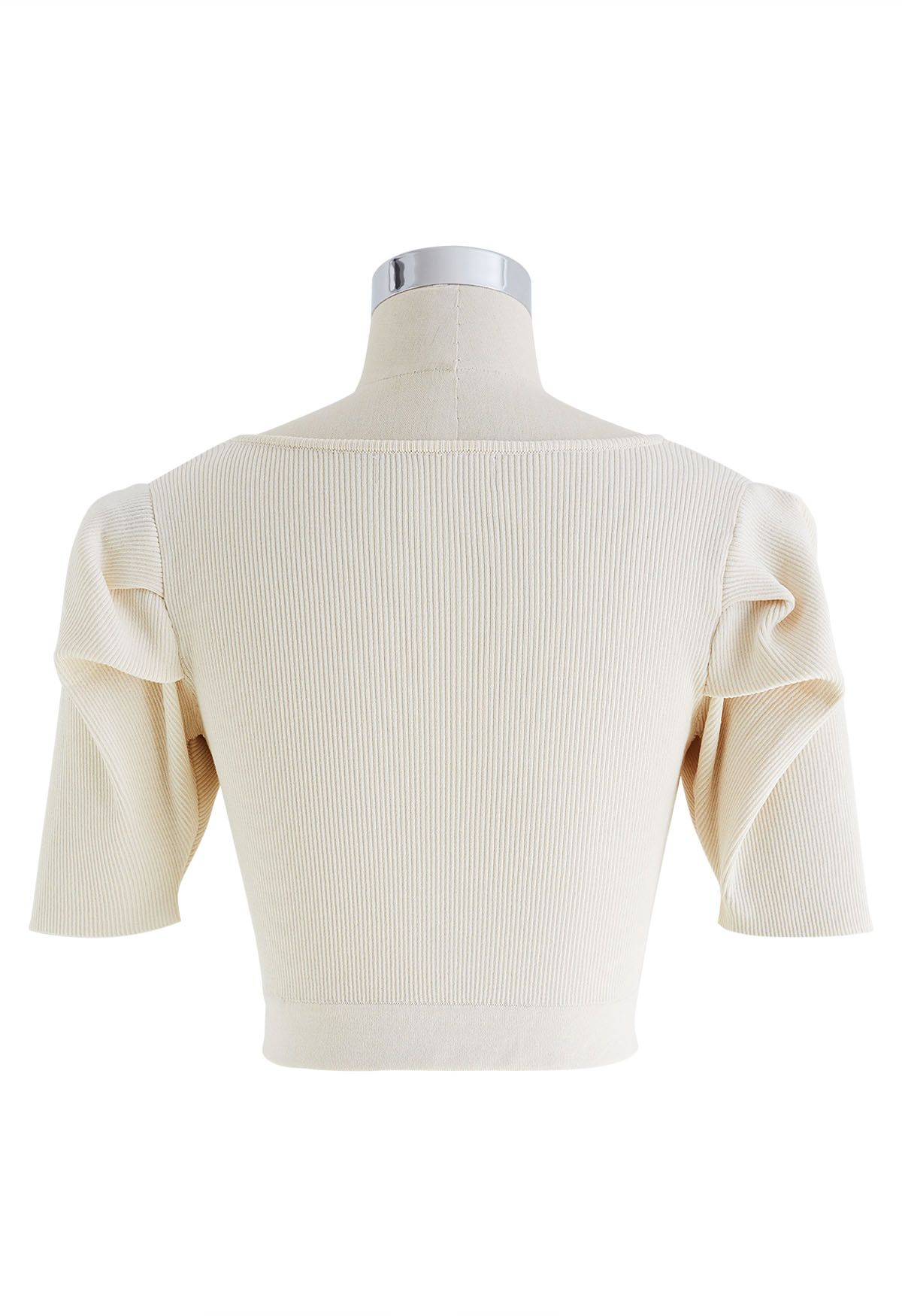 Square Neck Puff Shoulder Knit Crop Top in Cream - Retro, Indie and ...