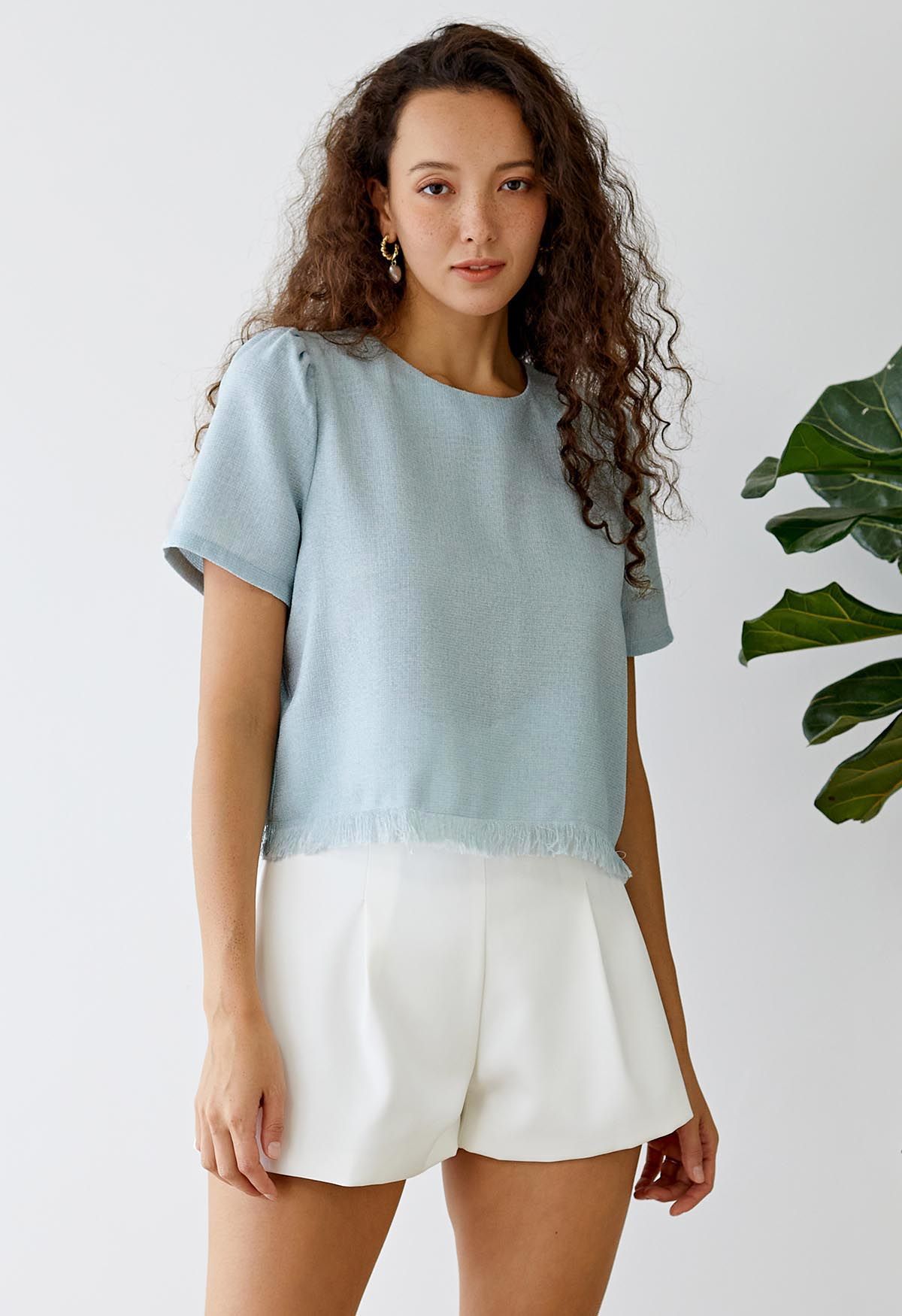 Fringed Hem Short Sleeve Tweed Top in Baby Blue