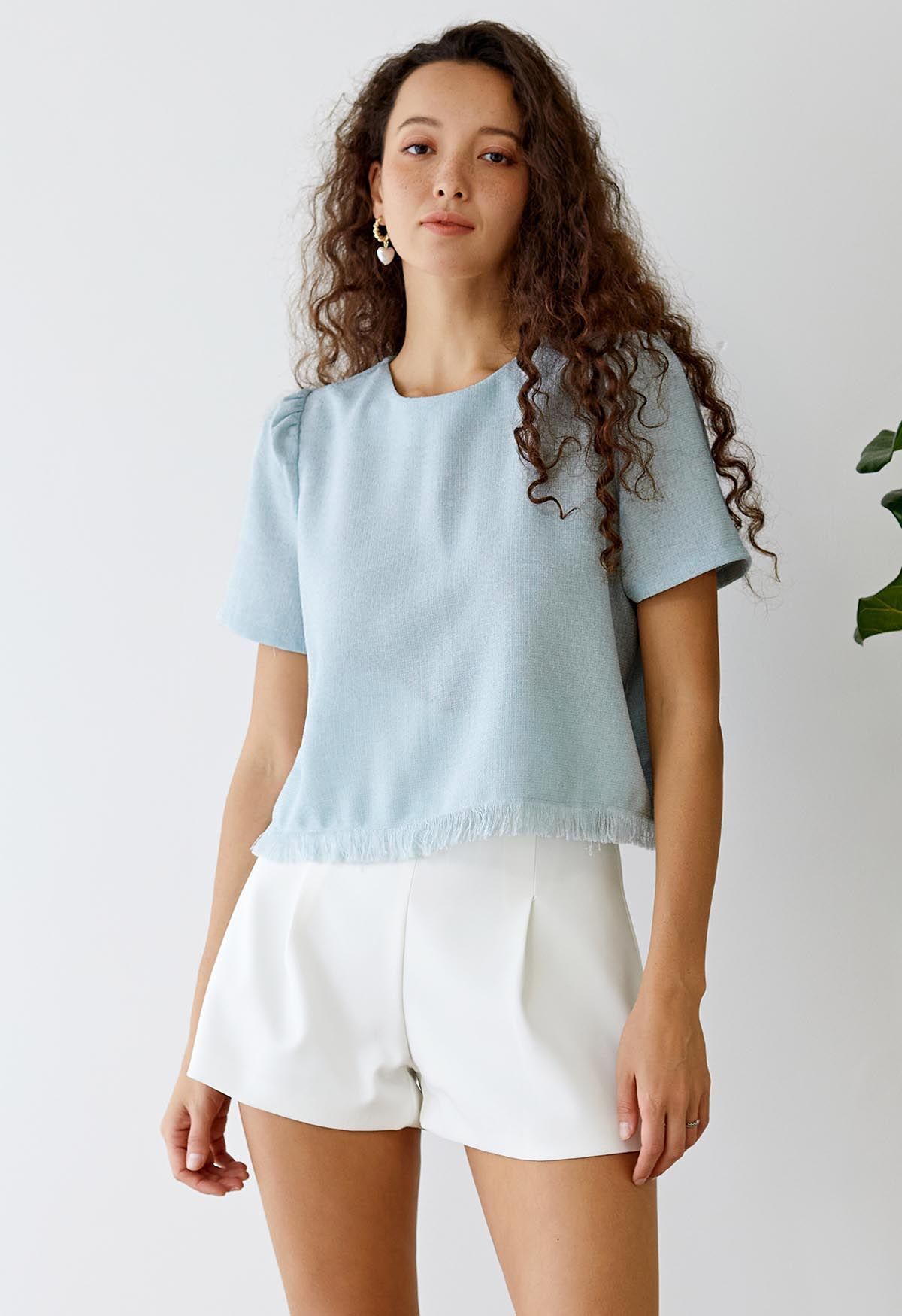 Fringed Hem Short Sleeve Tweed Top in Baby Blue