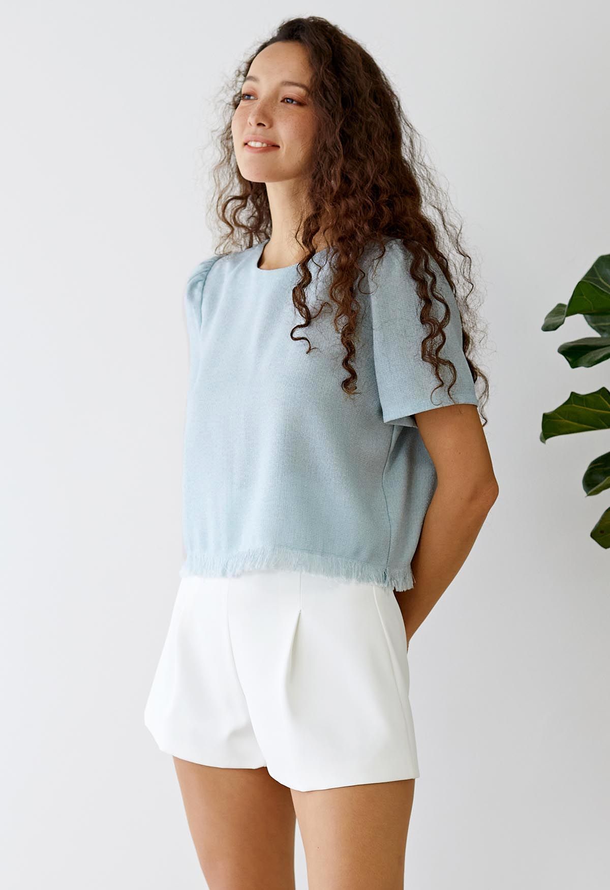 Fringed Hem Short Sleeve Tweed Top in Baby Blue