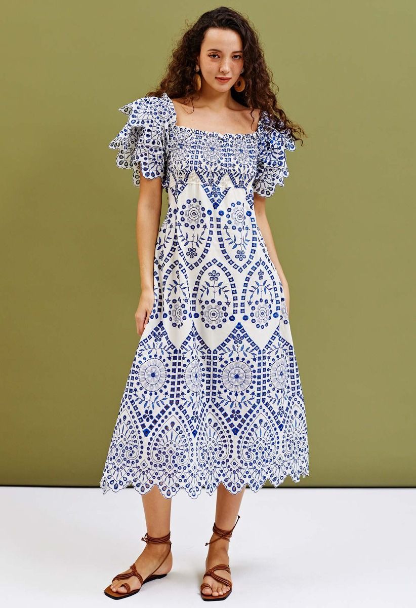Pure Cotton Embroidered Midi Waisted Dress