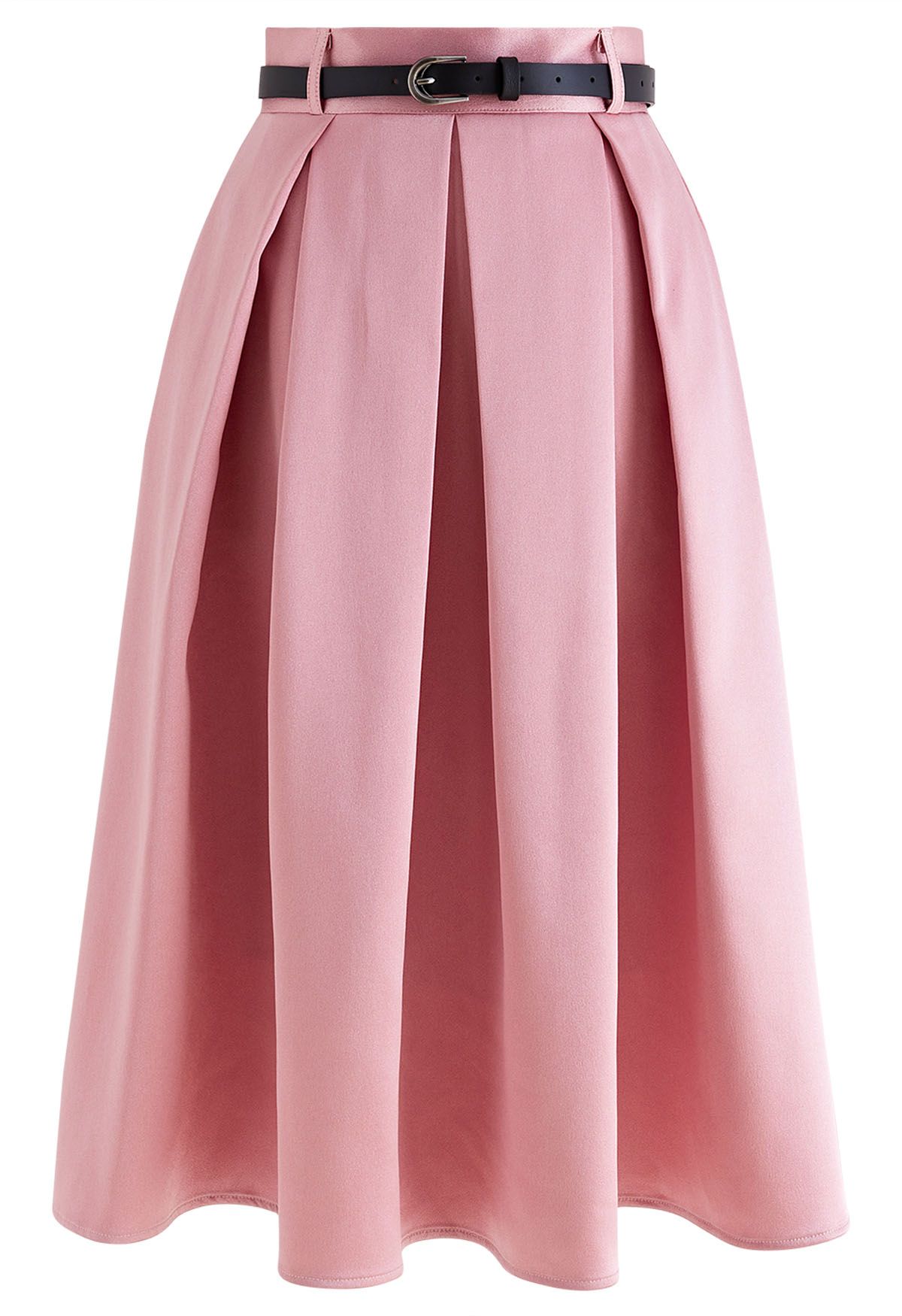 Elegant Pleated Belted Midi Skirt in Pink Retro Indie and