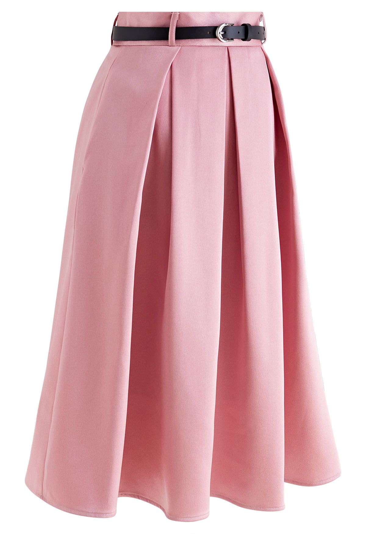 Elegant Pleated Belted Midi Skirt in Pink