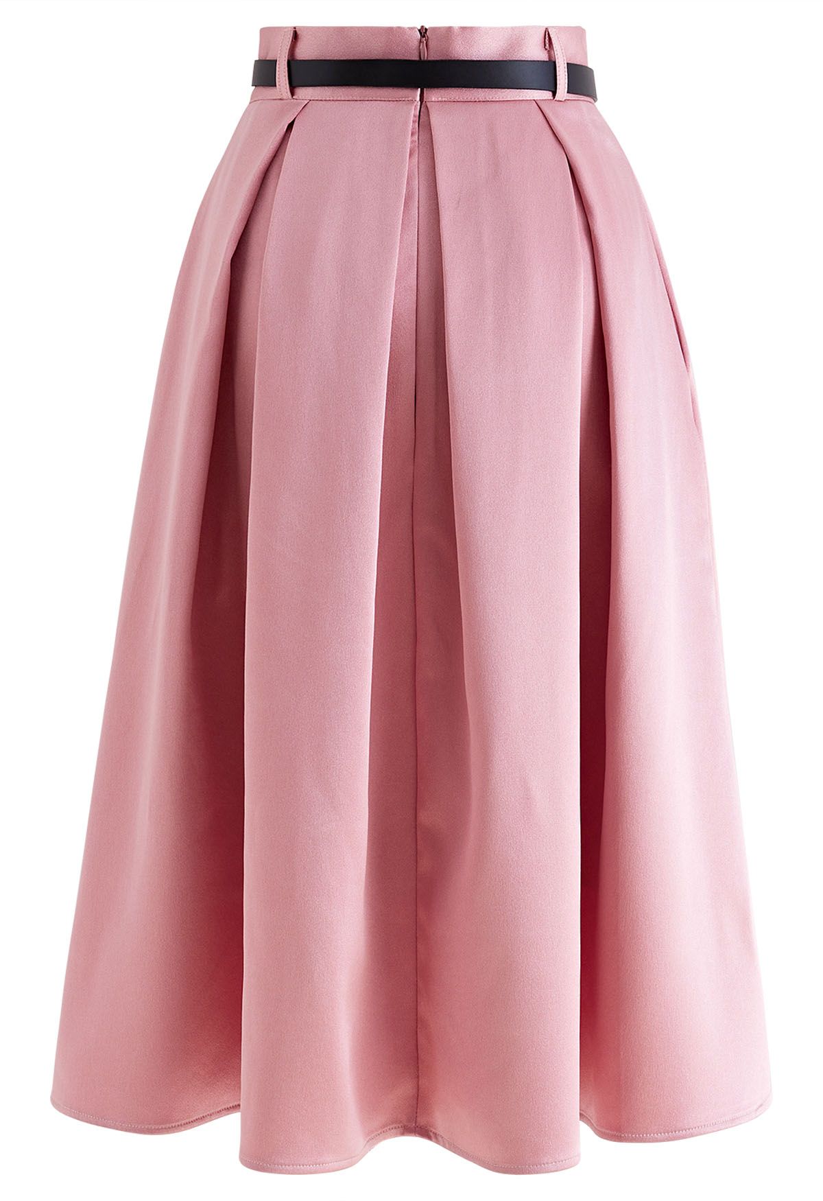 Elegant Pleated Belted Midi Skirt in Pink