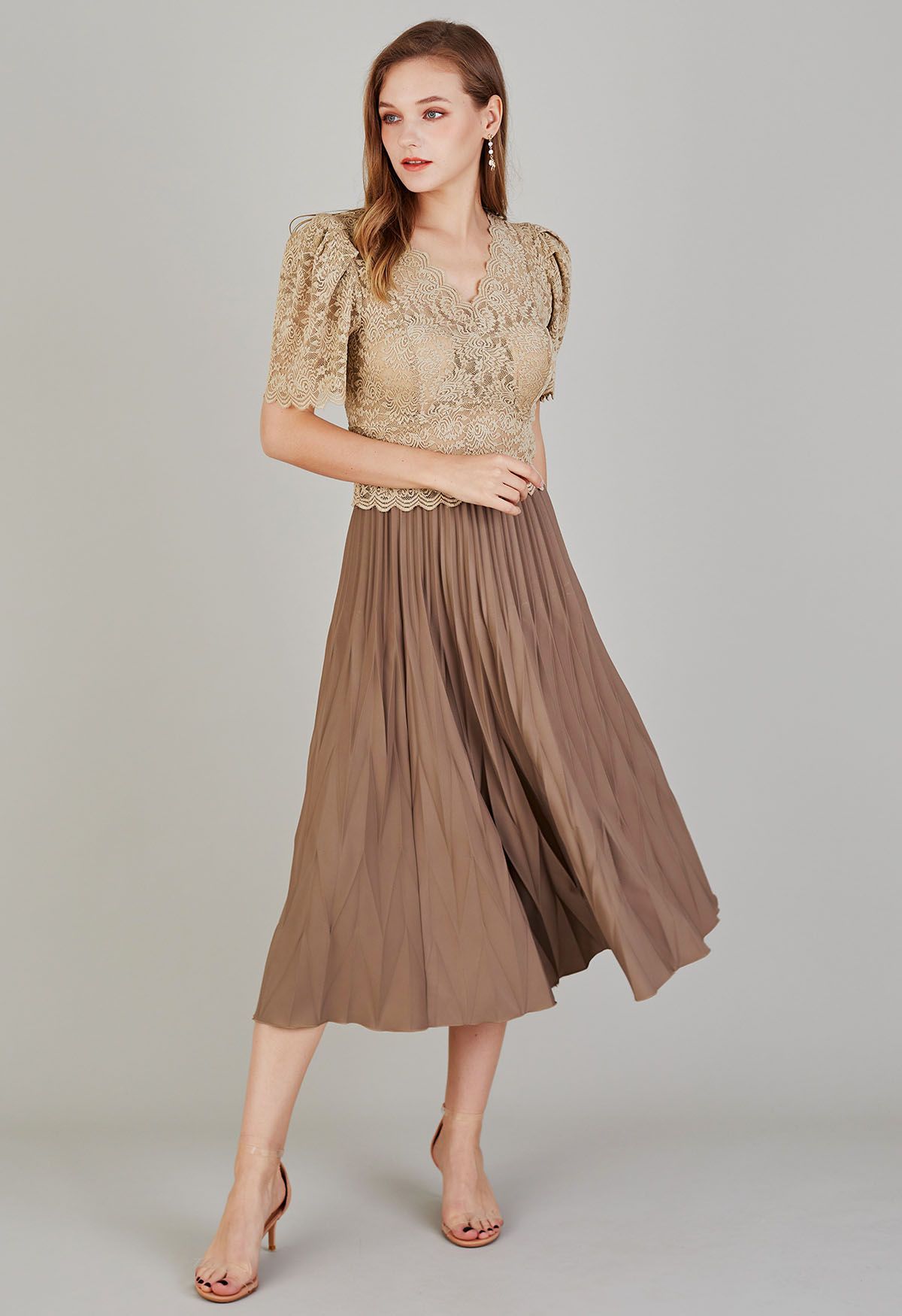 Irregular Pleated Midi Skirt in Brown