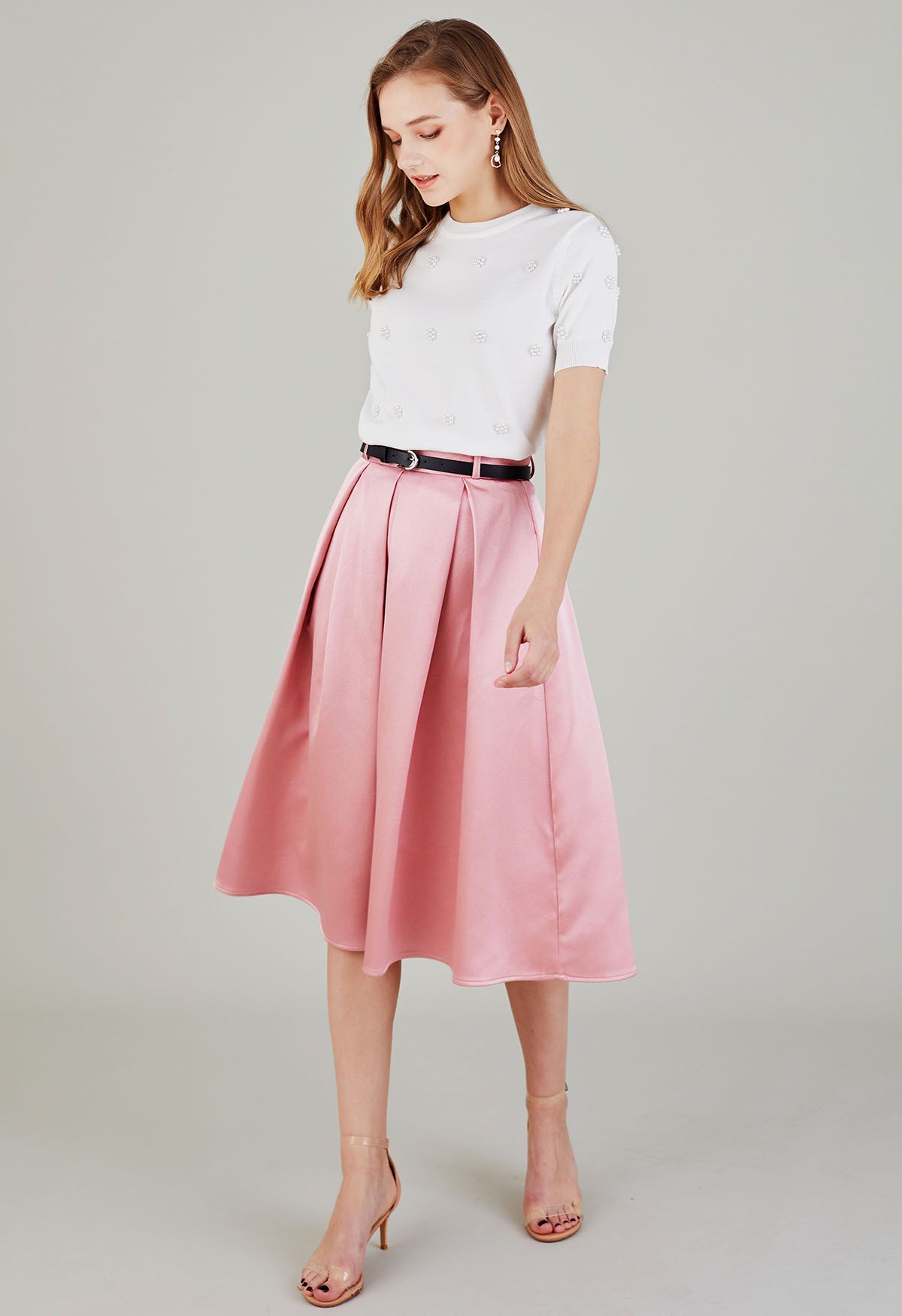 Pink belted 2025 midi skirt