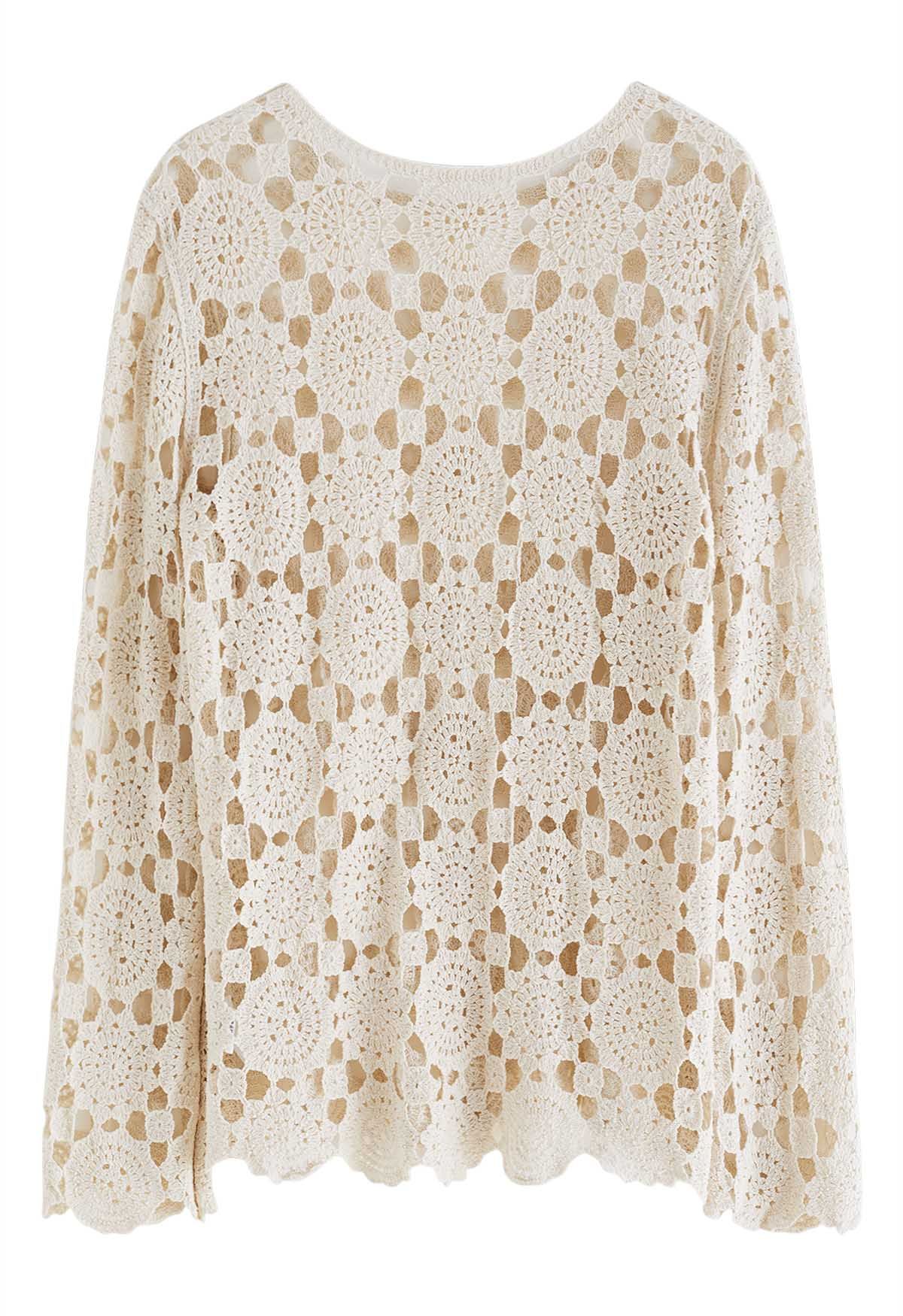 Relaxed Floral and Check Crochet Top in Ivory