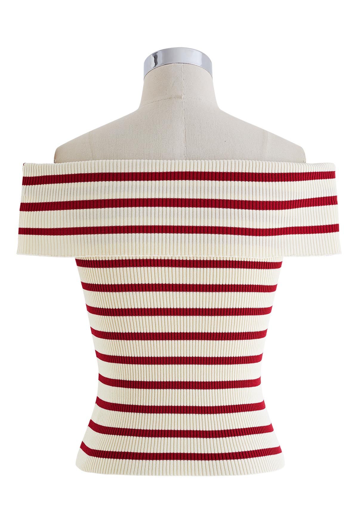 Folded Off-Shoulder Rib Knit Top in Red Stripe - Retro, Indie and 