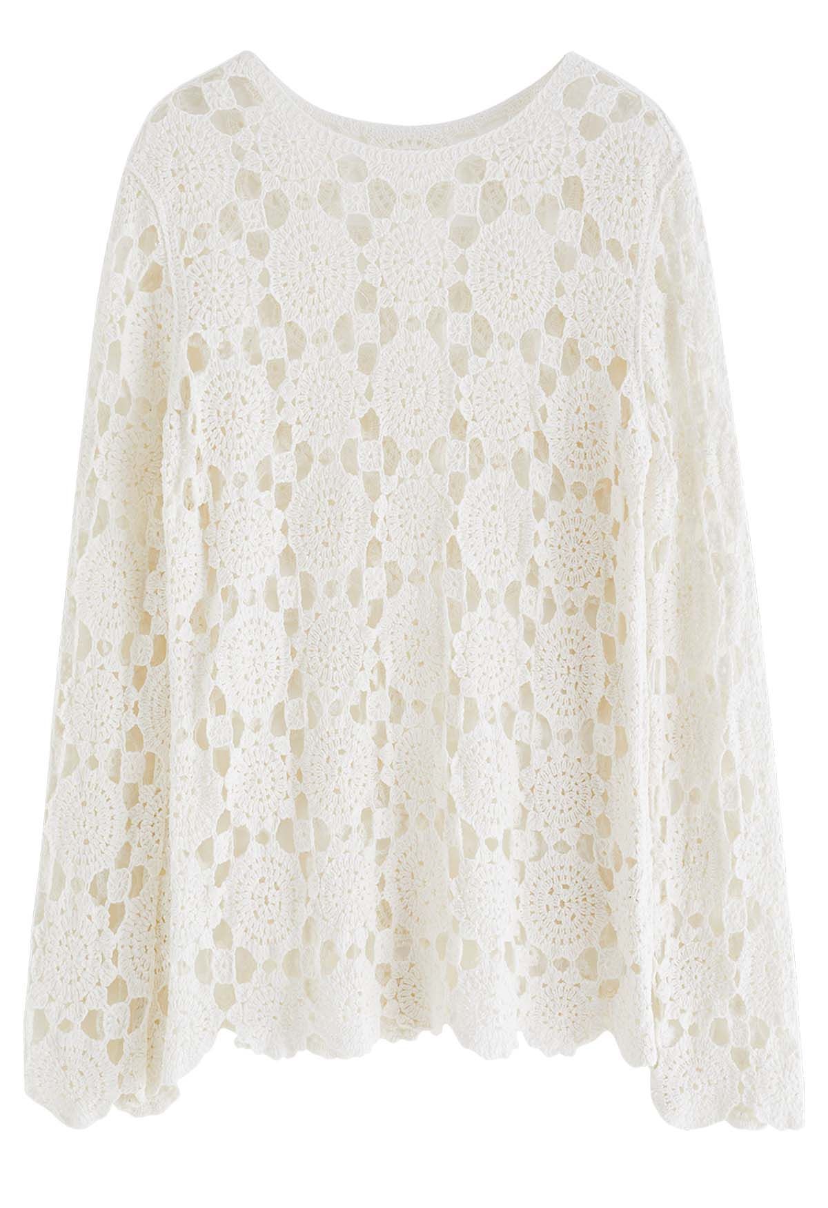 Relaxed Floral and Check Crochet Top in White