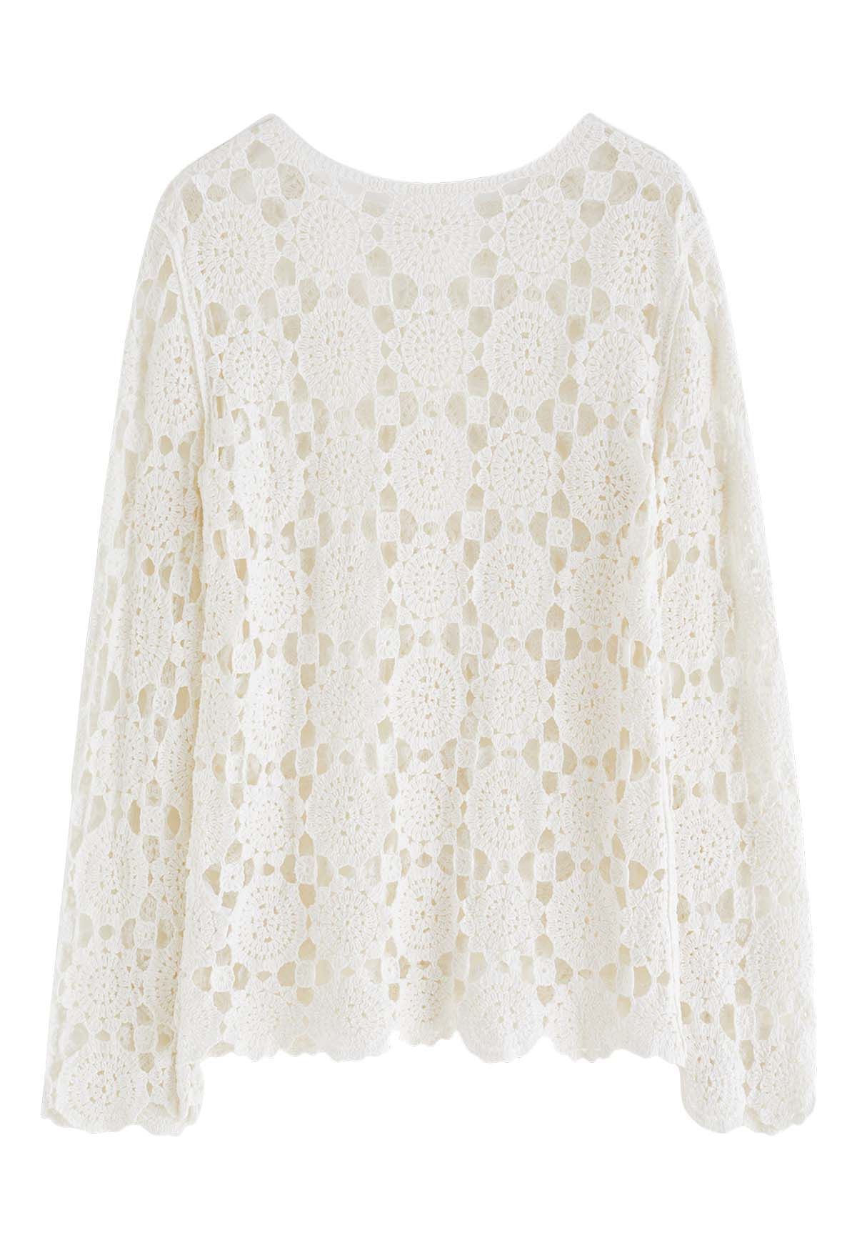 Relaxed Floral and Check Crochet Top in White